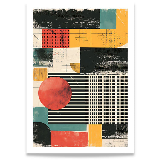 Captivating Collages – Modern Geometry grafisk plakat med geometriske former, rød sirkel og moderne fargepalett.
