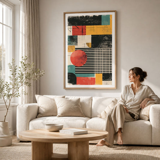 Captivating Collages – Modern Geometry plakat på vegg over sofa i lyst moderne interiør med kvinne.