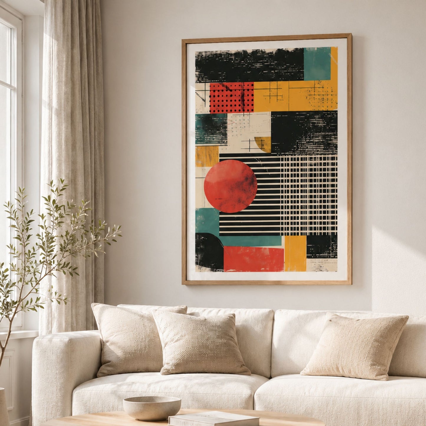 Captivating Collages – Modern Geometry innrammet geometrisk plakat i moderne stue med eikeramme.