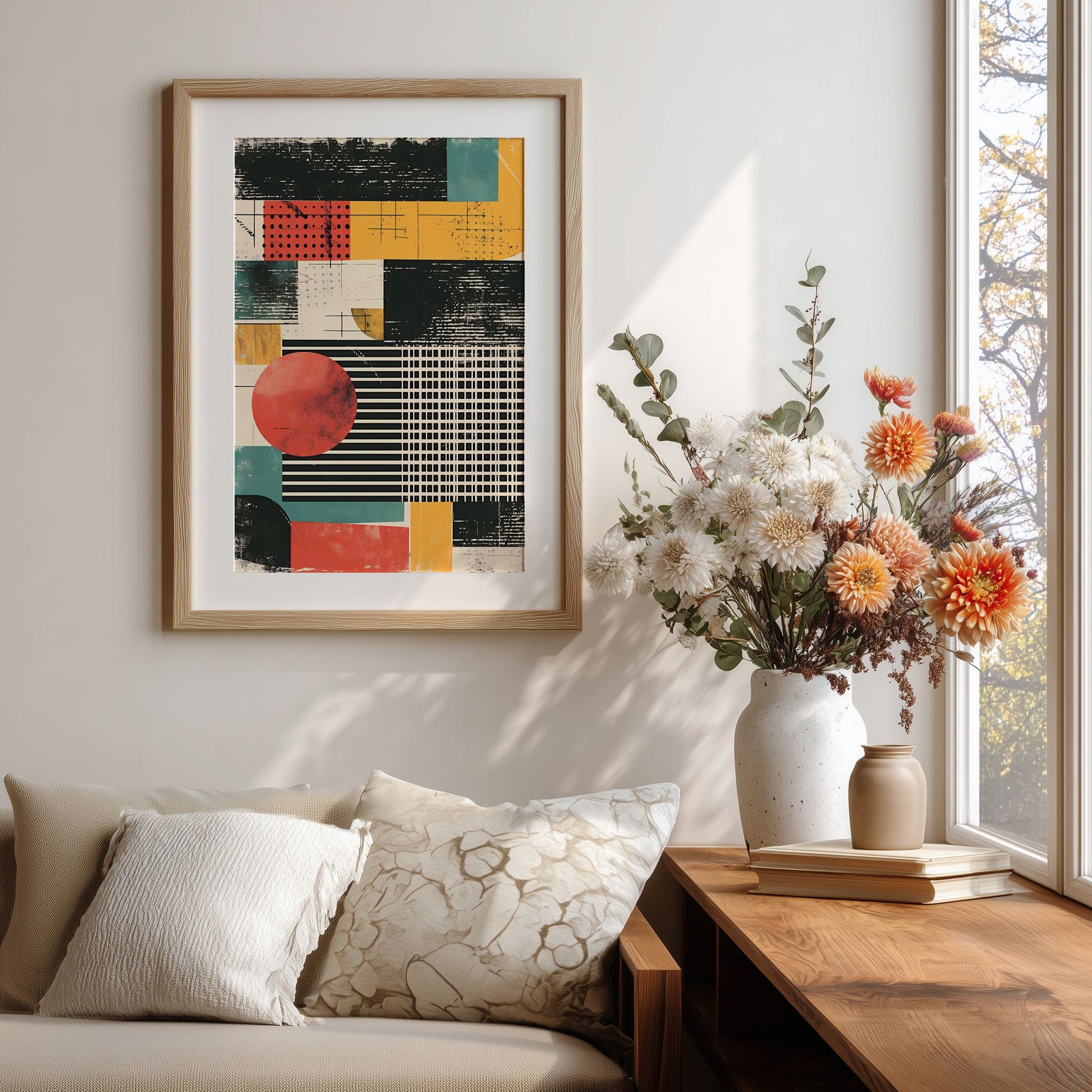 Captivating Collages – Modern Geometry plakat stylet med eikeramme, blomster og lyst skandinavisk interiør.