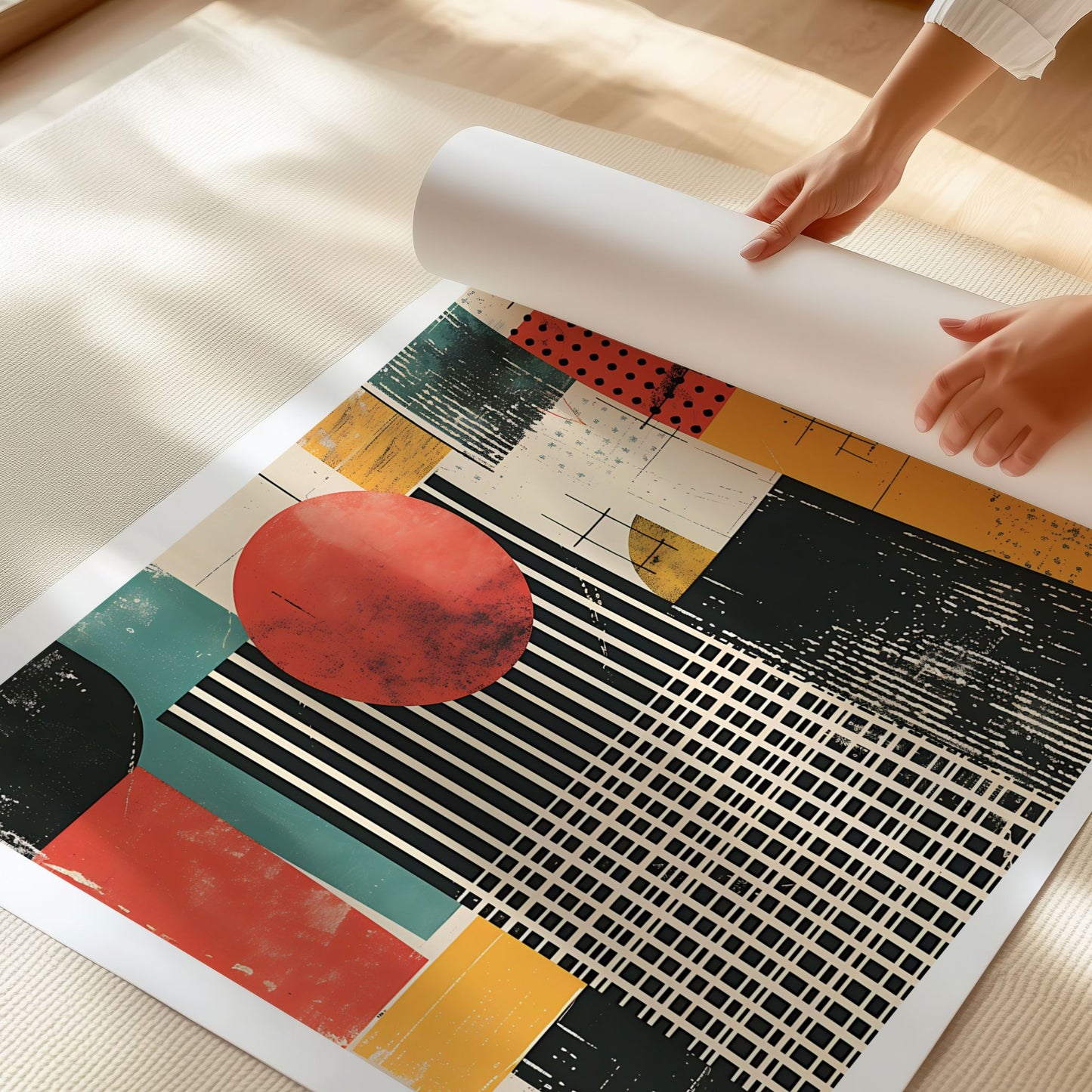 Nærbilde av Captivating Collages – Modern Geometry trykket på matt premium plakatpapir med høy detaljgjengivelse.