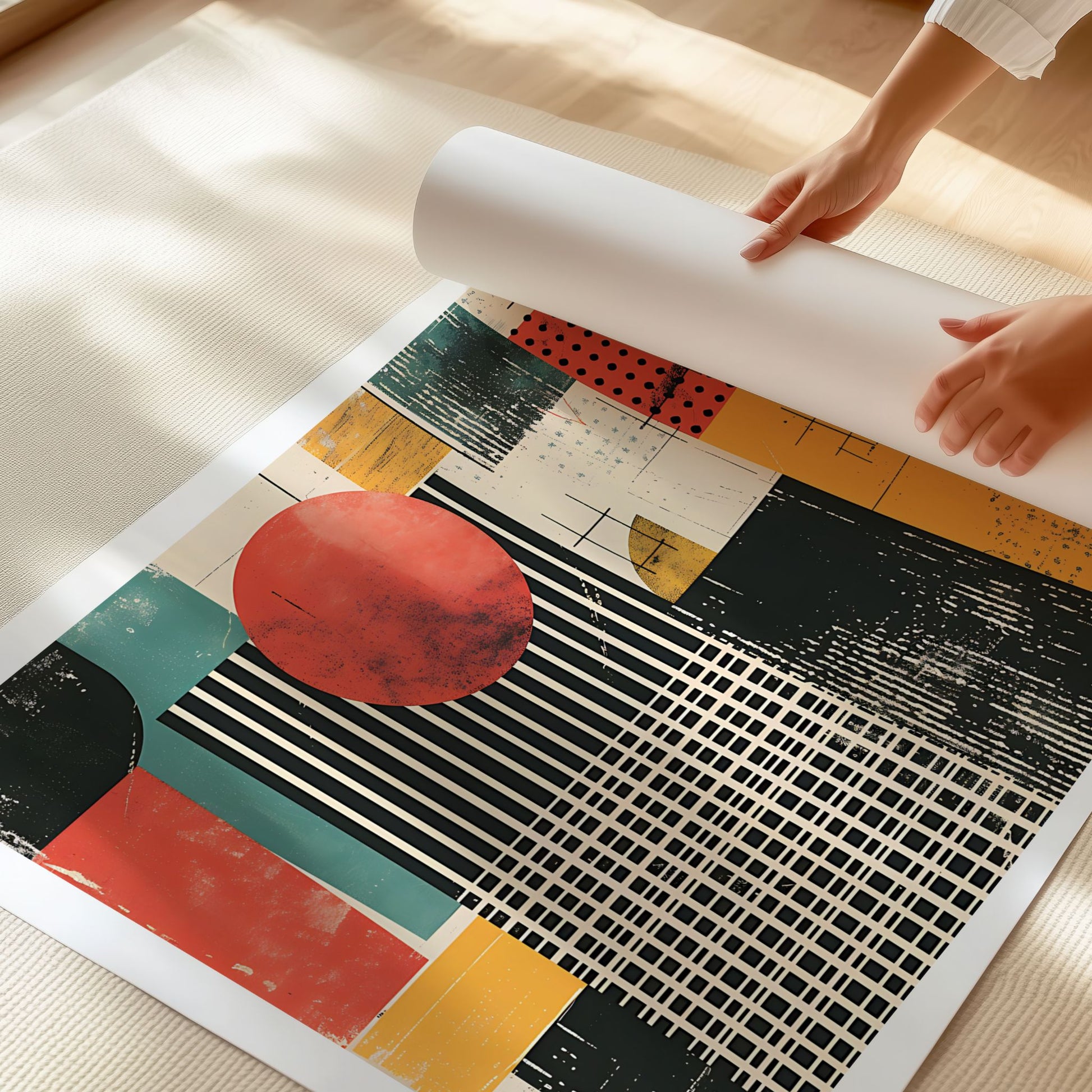 Nærbilde av Captivating Collages – Modern Geometry trykket på matt premium plakatpapir med høy detaljgjengivelse.