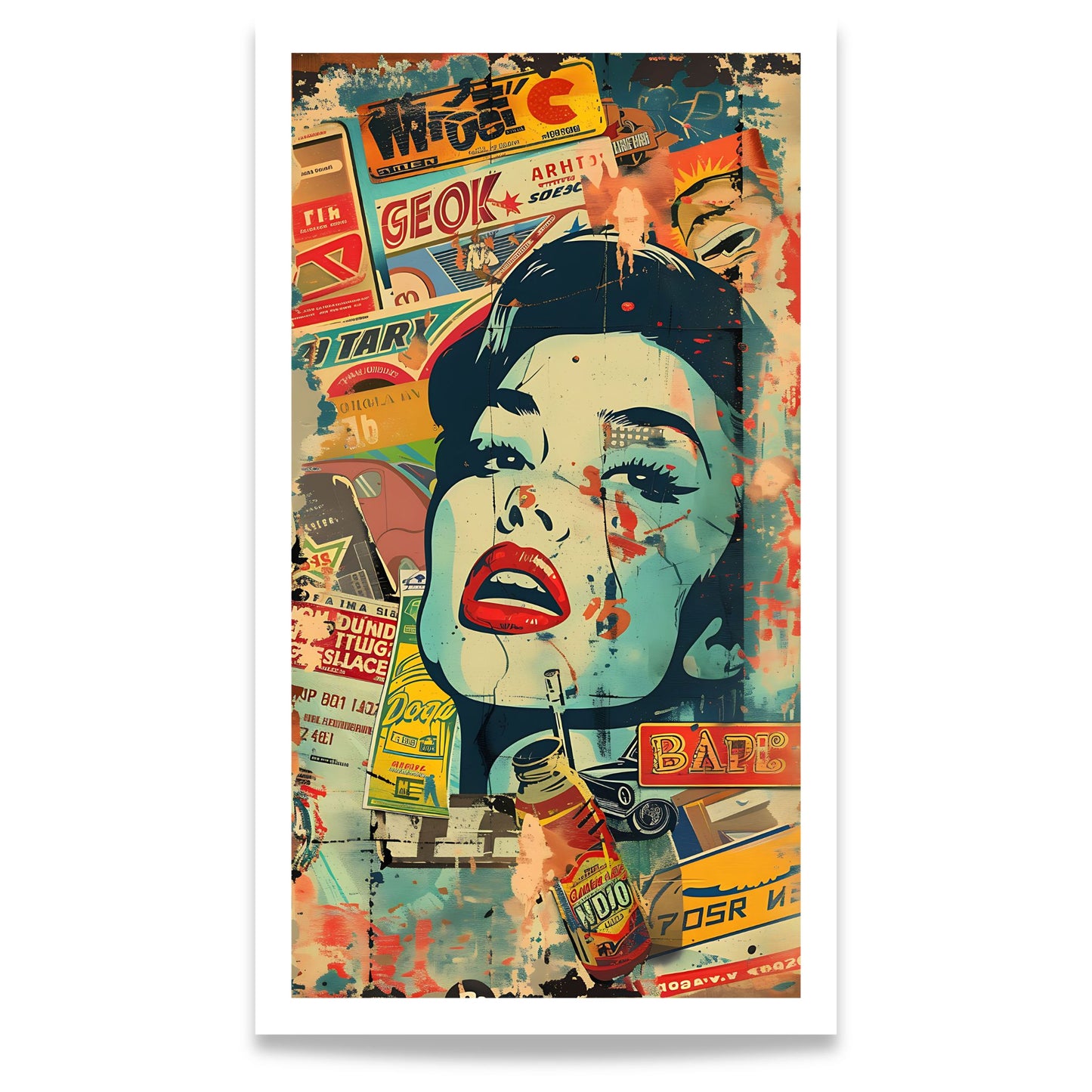 Captivating Collages – Retro Diva grafisk plakat med vintage collage og pop art-portrett. Format 80x140