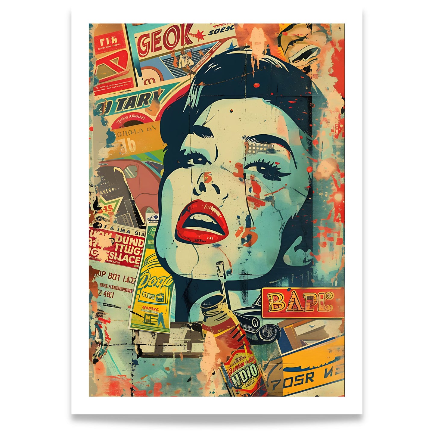 Captivating Collages – Retro Diva grafisk plakat med vintage collage og pop art-portrett.