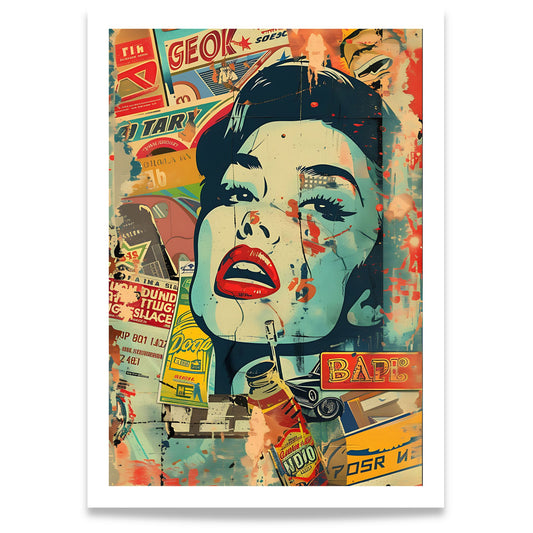 Captivating Collages – Retro Diva grafisk plakat med vintage collage og pop art-portrett.