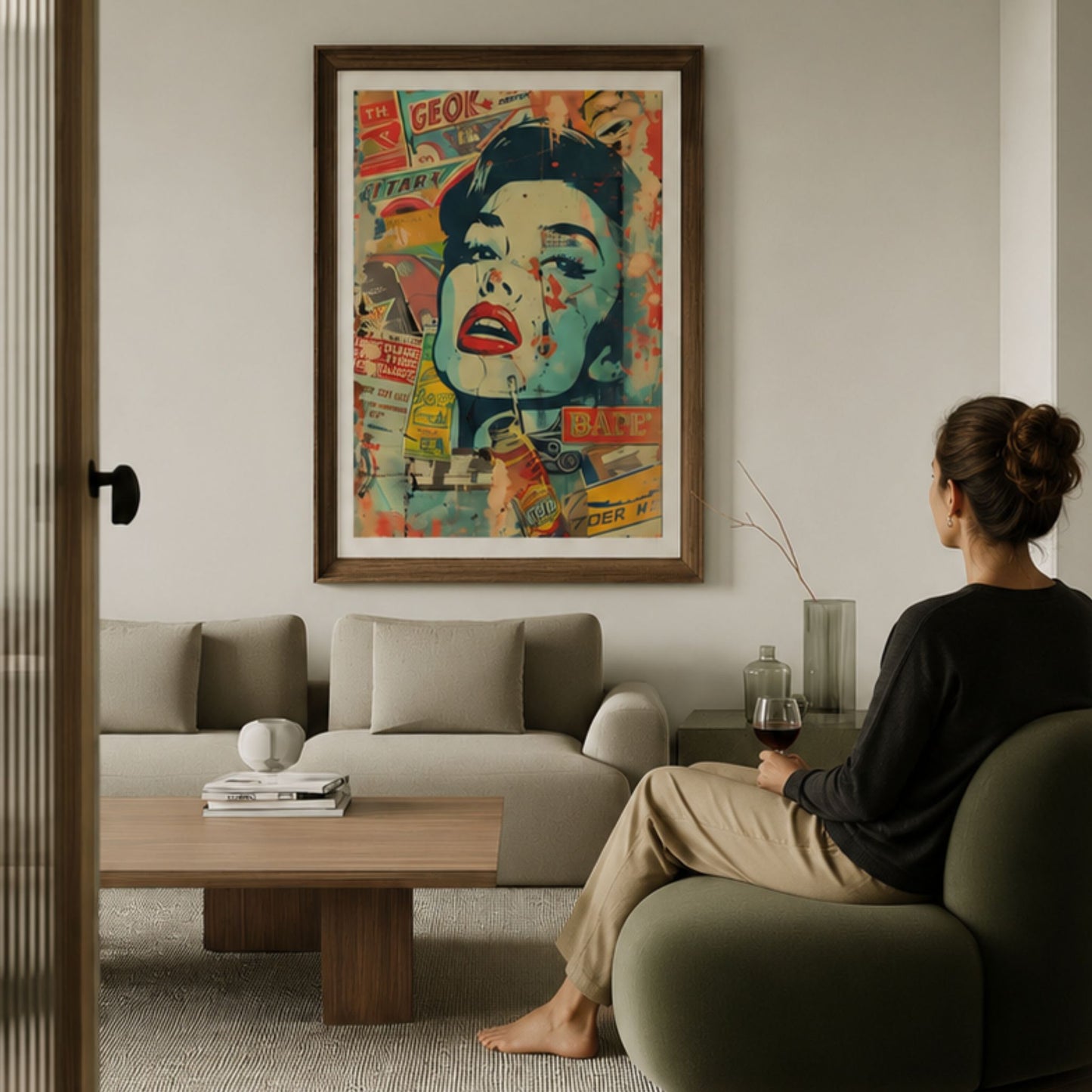 Retro Diva plakat vist i moderne stue som illustrerer størrelse og uttrykk i interiøret.