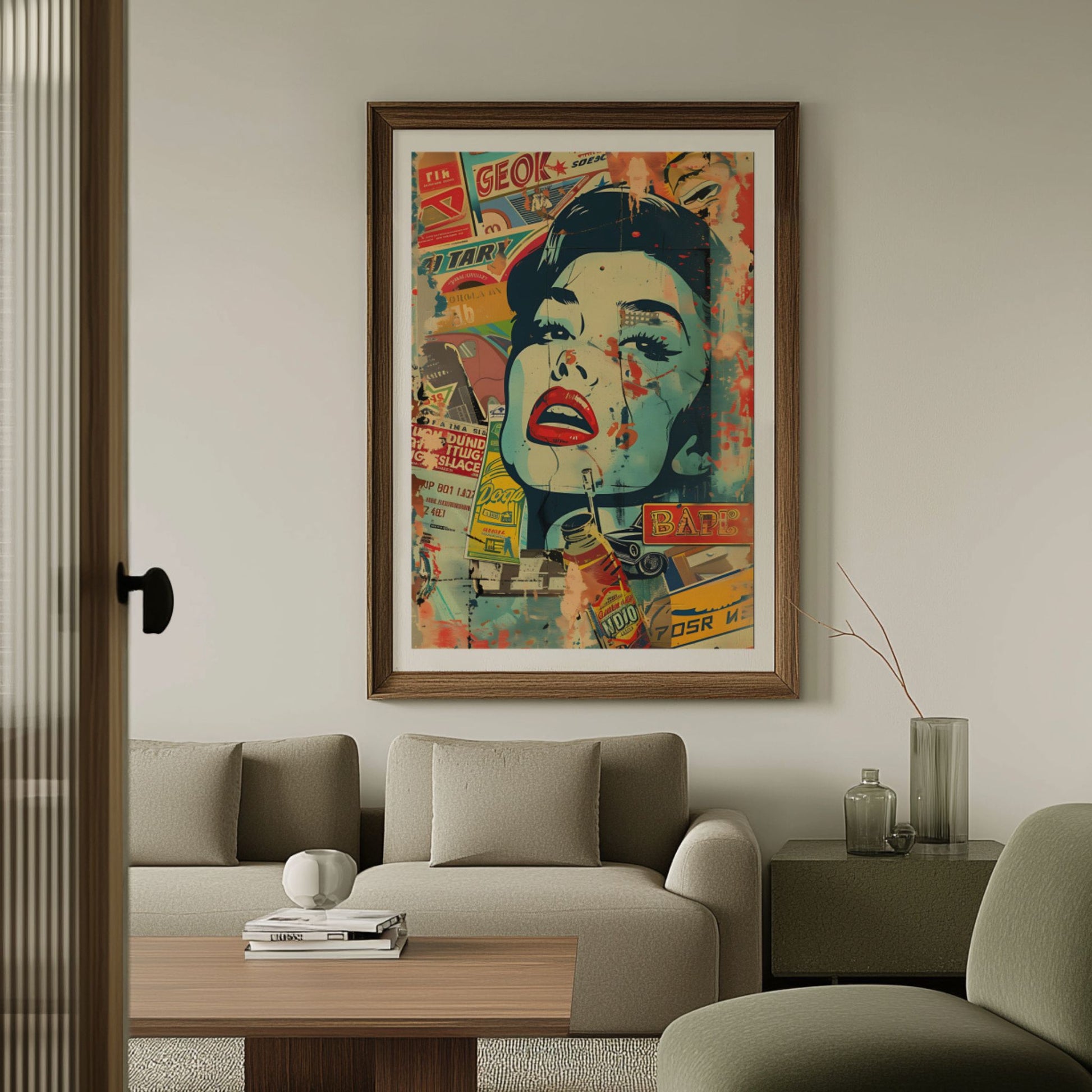Nærbilde av Retro Diva plakat som viser detaljer i collage og pop art-uttrykket.