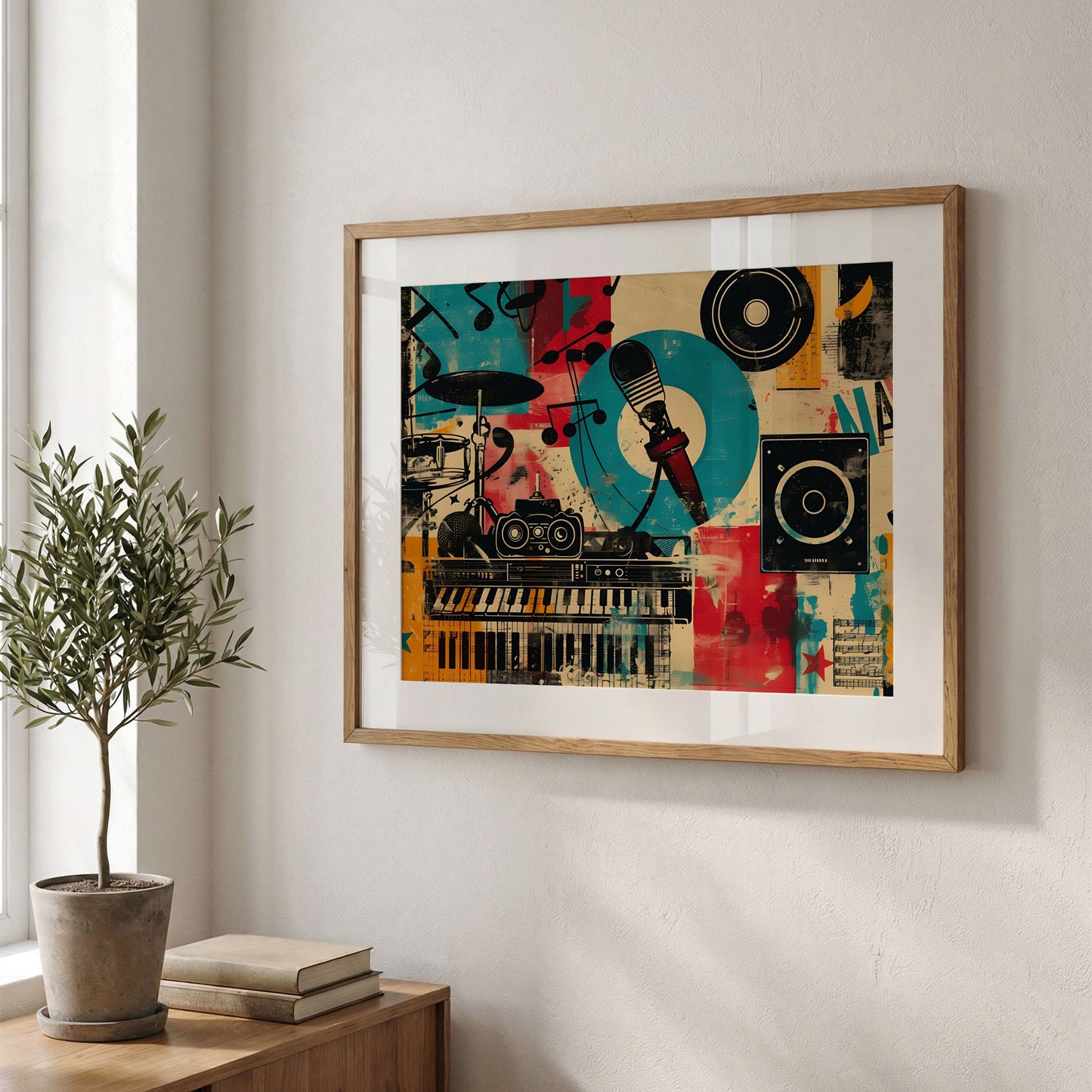 Captivating Collages – Sound Studio innrammet i eikeramme på lys vegg med grønn plante.