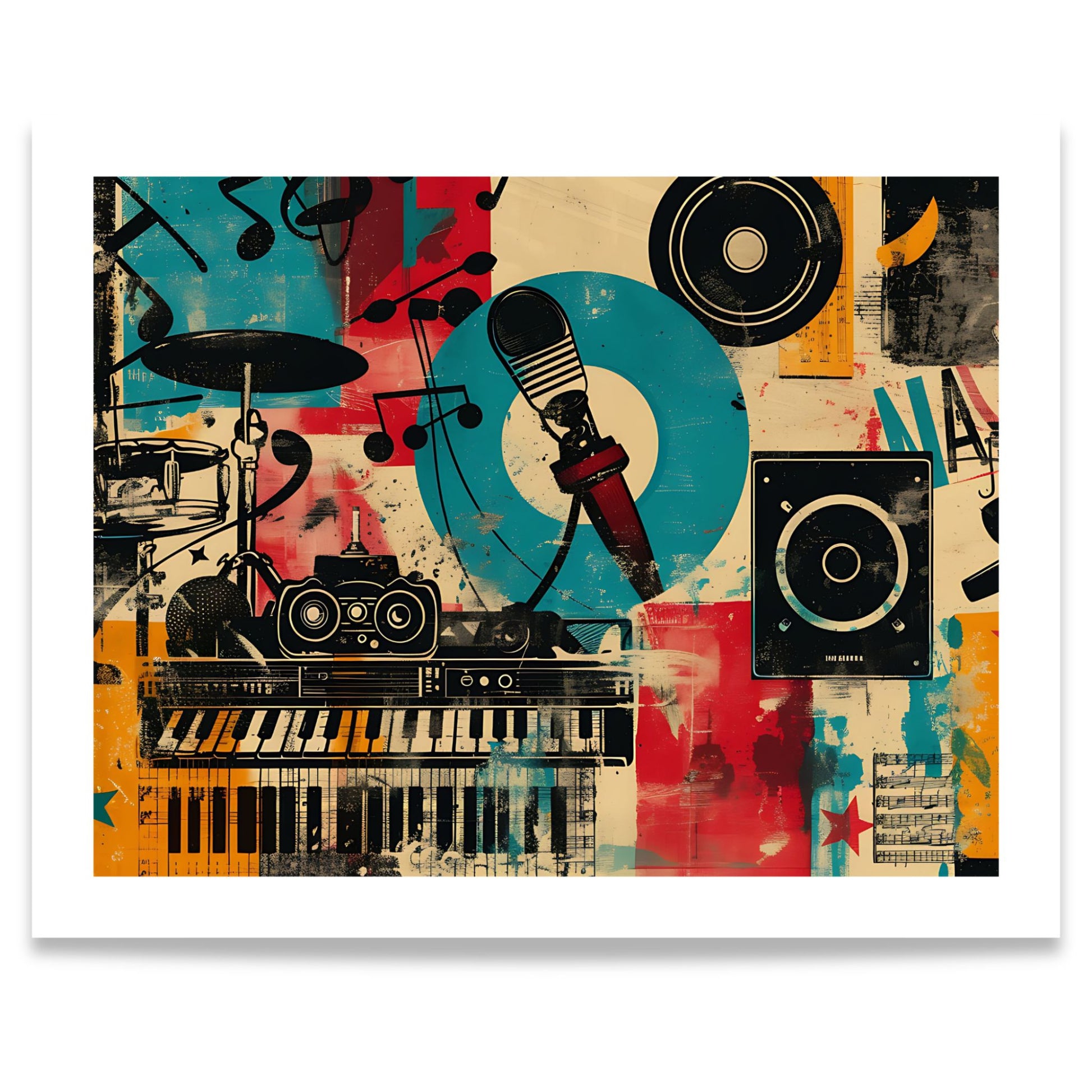 Captivating Collages – Sound Studio grafisk musikkplakat med mikrofon, keyboard, trommer og vinyl. Format 40x50