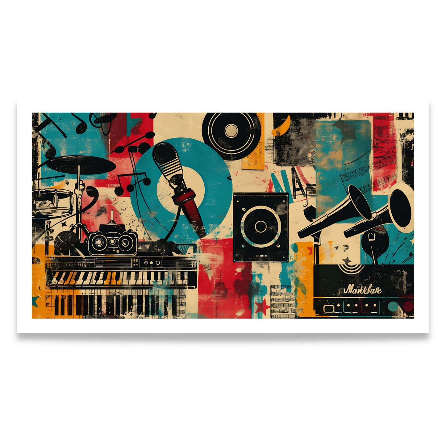 Captivating Collages – Sound Studio grafisk musikkplakat med mikrofon, keyboard, trommer og vinyl. Format 80 x 120
