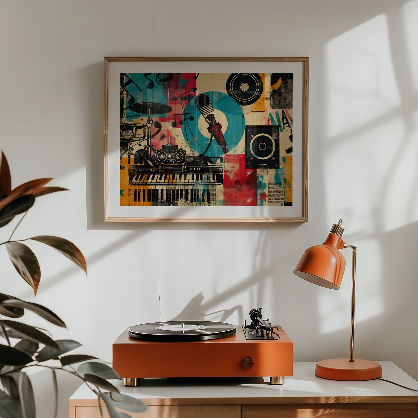 Captivating Collages – Sound Studio plakat over platespiller i moderne musikkinteriør.