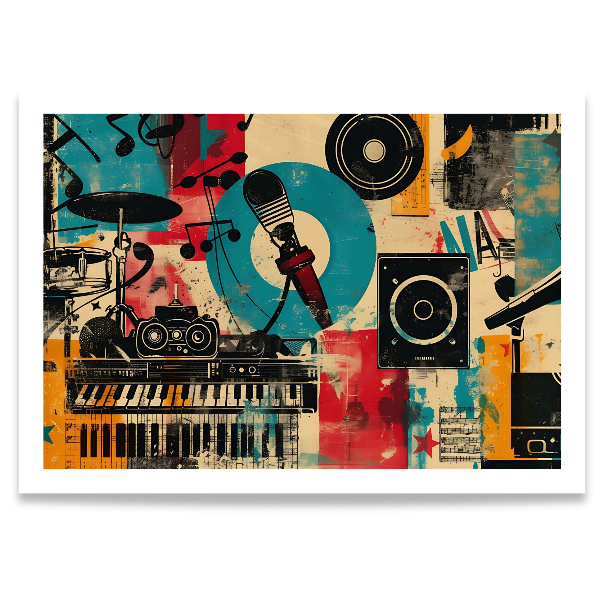 Captivating Collages – Sound Studio grafisk musikkplakat med mikrofon, keyboard, trommer og vinyl.
