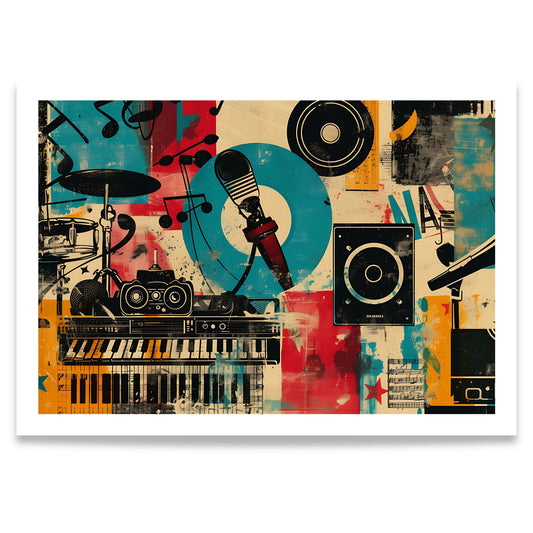Captivating Collages – Sound Studio grafisk musikkplakat med mikrofon, keyboard, trommer og vinyl.