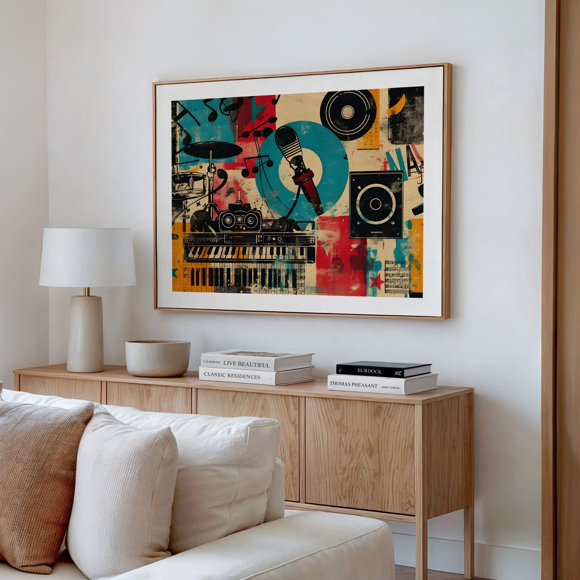 Captivating Collages – Sound Studio innrammet plakat i moderne stue med lyst interiør.