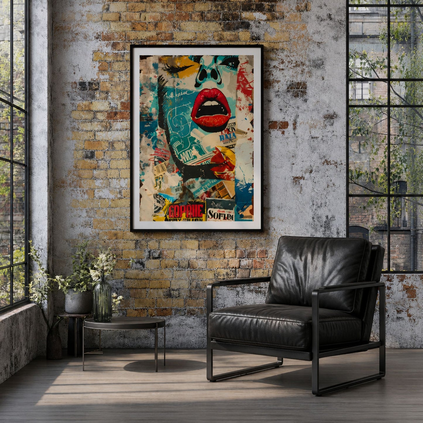 Urban Muse kunstplakat i sort ramme på murvegg i moderne industriloft.