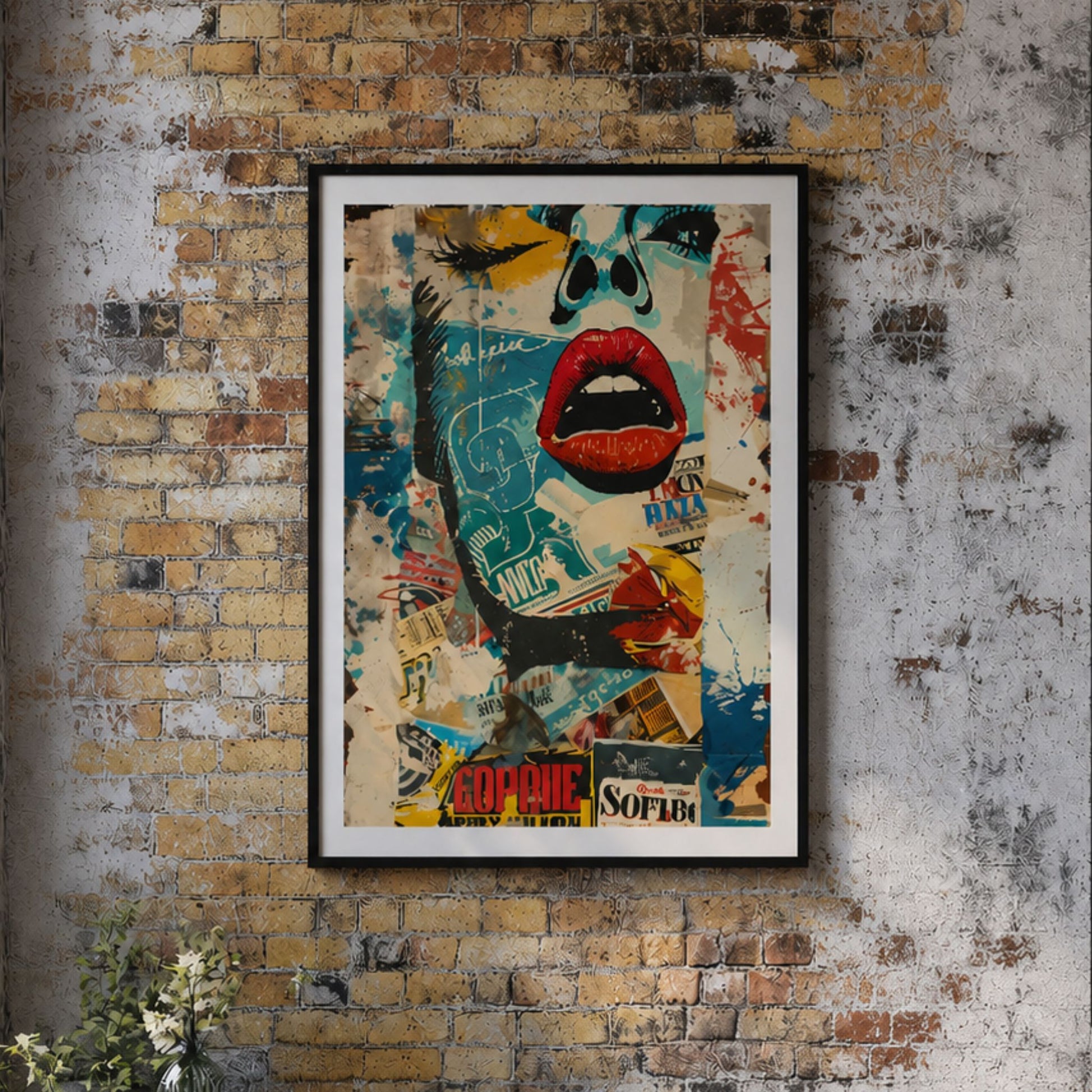Nærbilde av Urban Muse kunstplakat som blikkfang på rustikk murvegg.