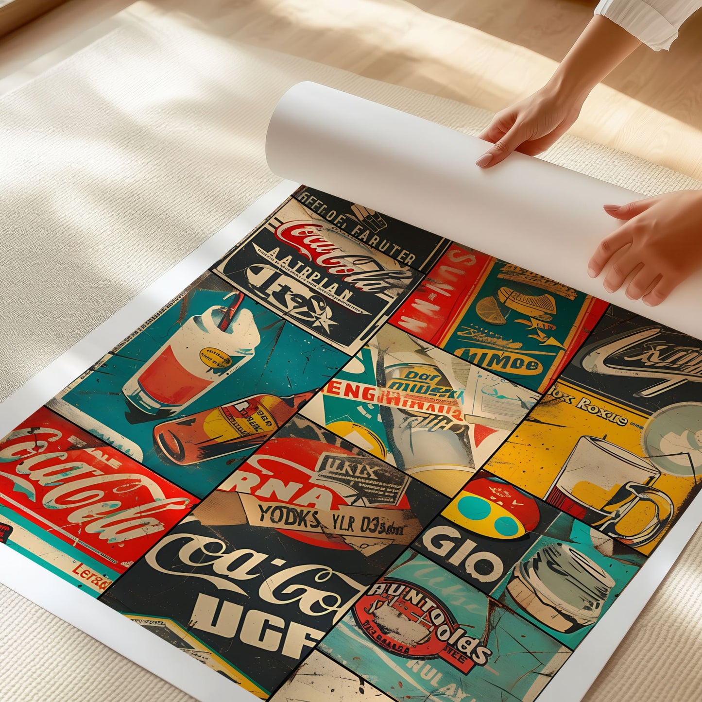Nærbilde av Captivating Collages – Vintage Labels som viser detaljrikdom og premium matt plakatpapir.