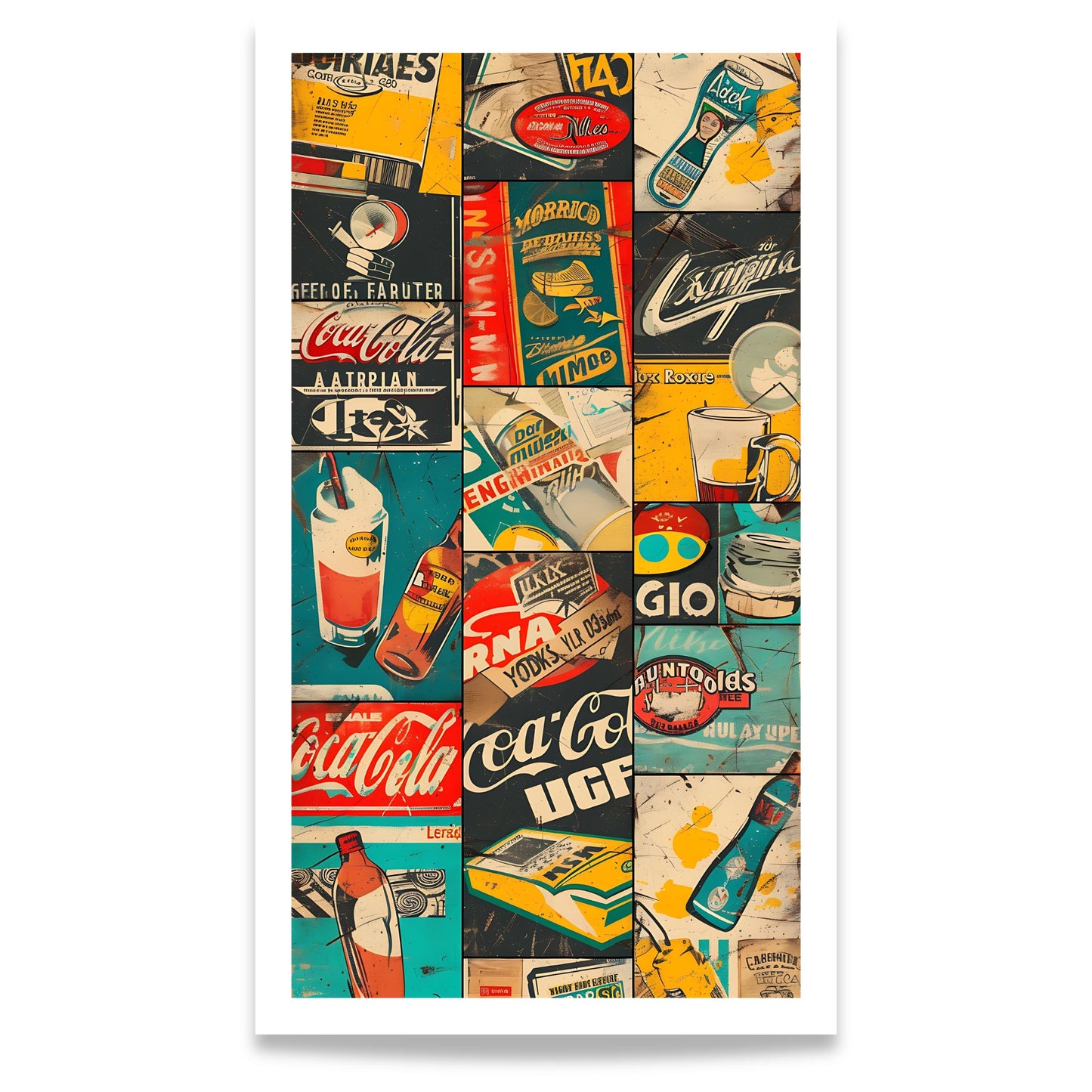 Captivating Collages – Vintage Labels grafisk retroplakat med collage av klassiske etiketter og reklamedesign. Format 80x140