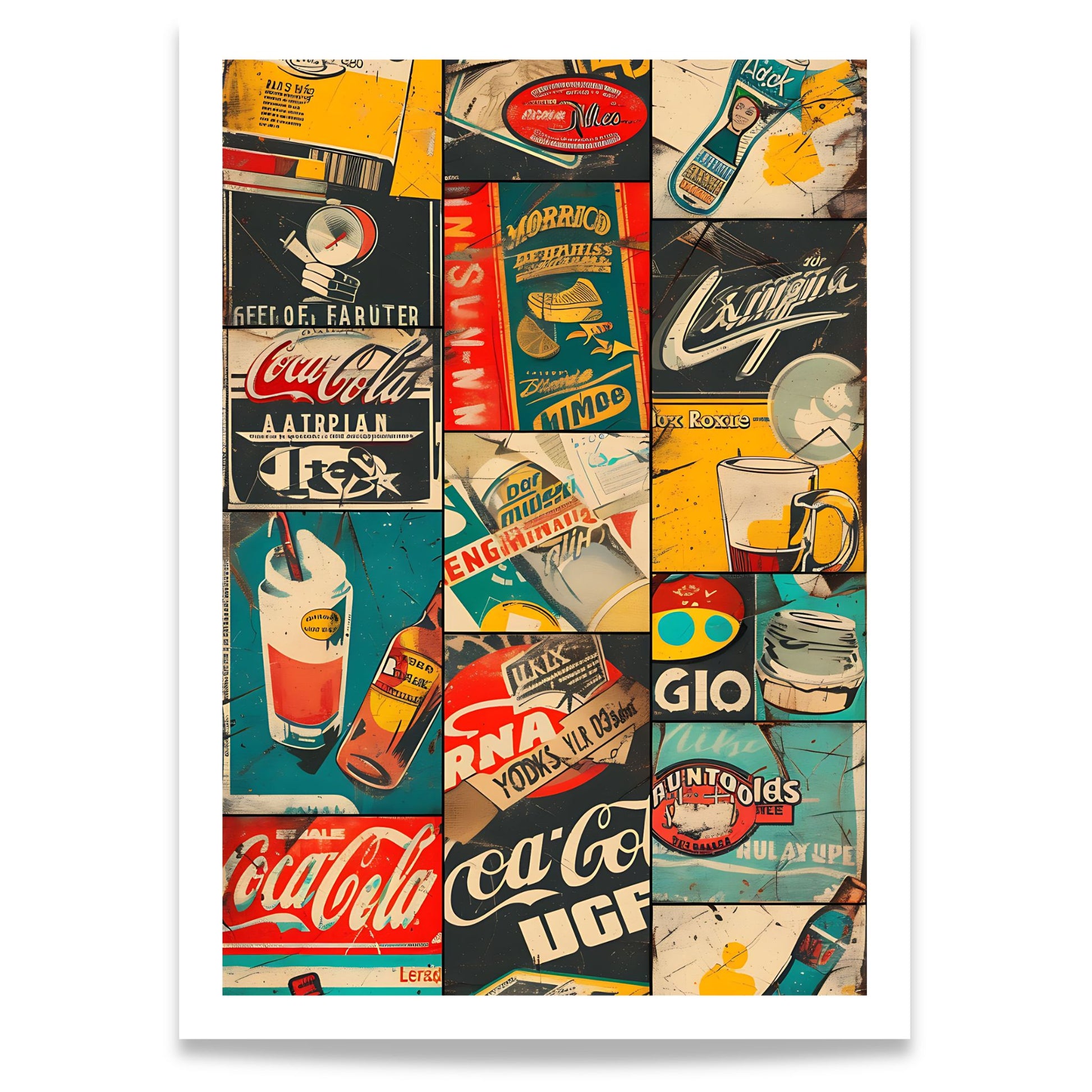 Captivating Collages – Vintage Labels grafisk retroplakat med collage av klassiske etiketter og reklamedesign.