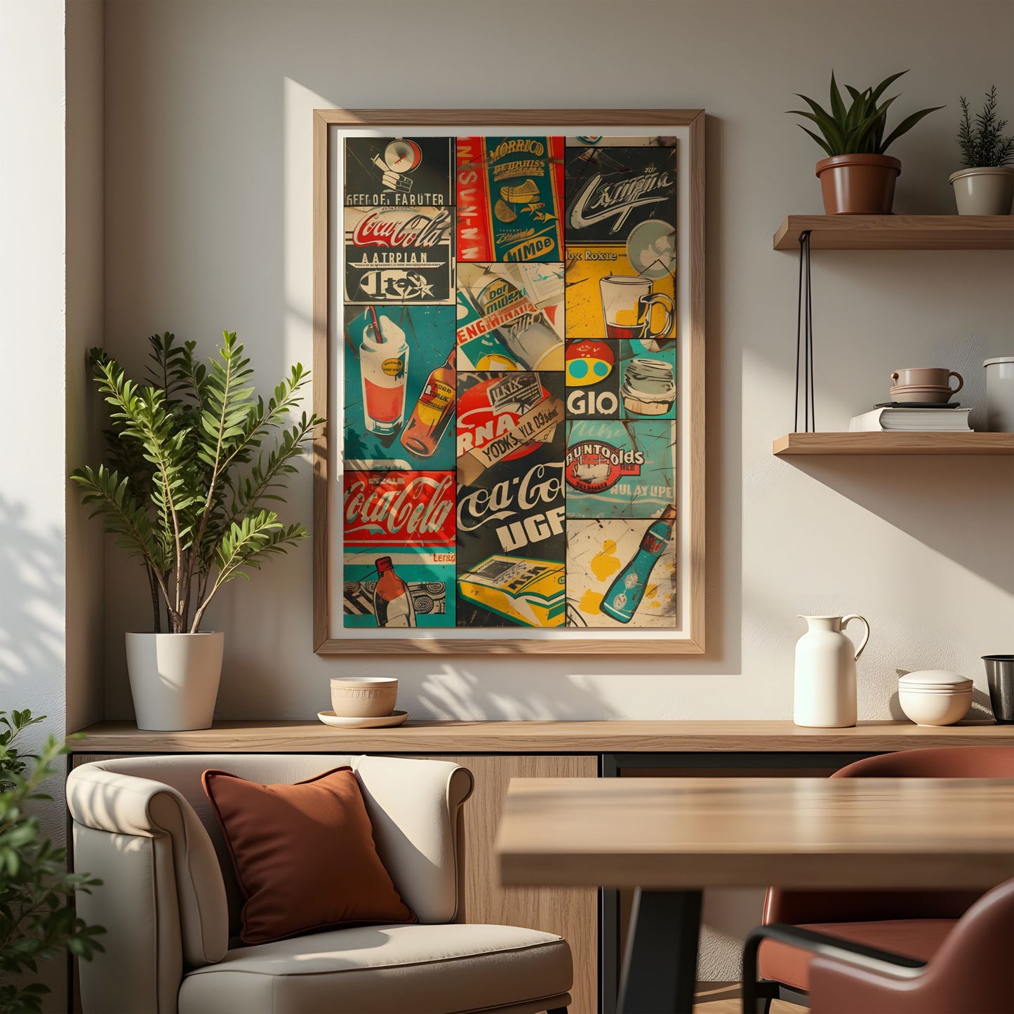 Captivating Collages – Vintage Labels plakat i eikeramme som fargerikt blikkfang i moderne hjemmekontor og stue.