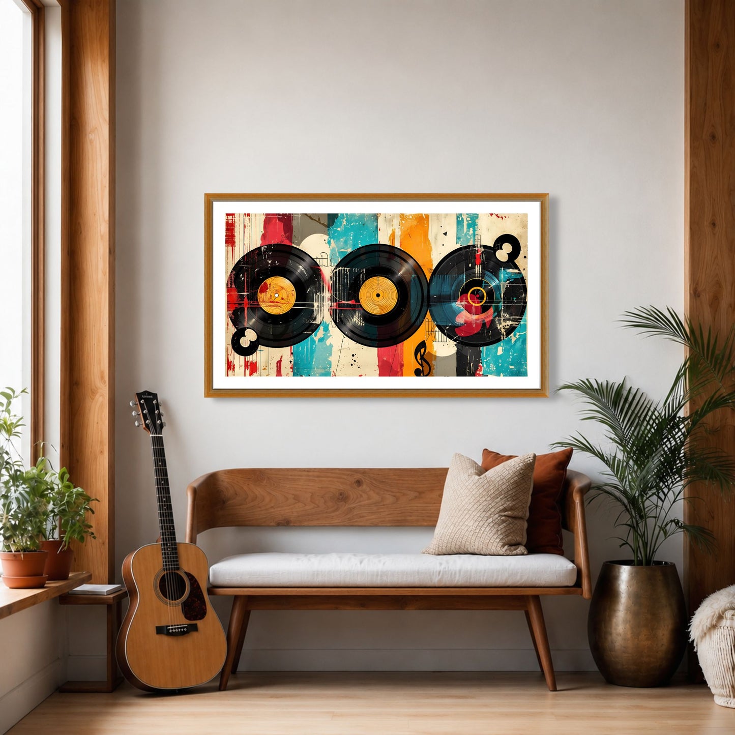 Captivating Collages – Vinyl Stories plakat over platespiller i moderne stue med varme tretoner.