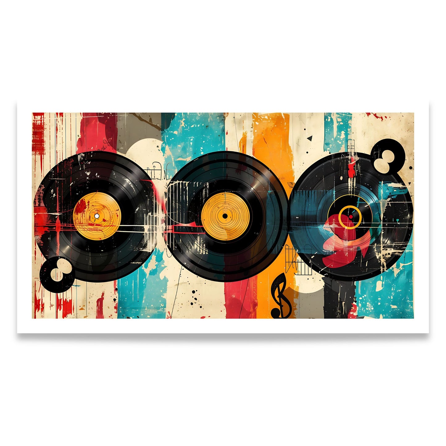 Captivating Collages – Vinyl Stories grafisk plakat med vinylplater i moderne collage og retroinspirerte farger. Format 80x140