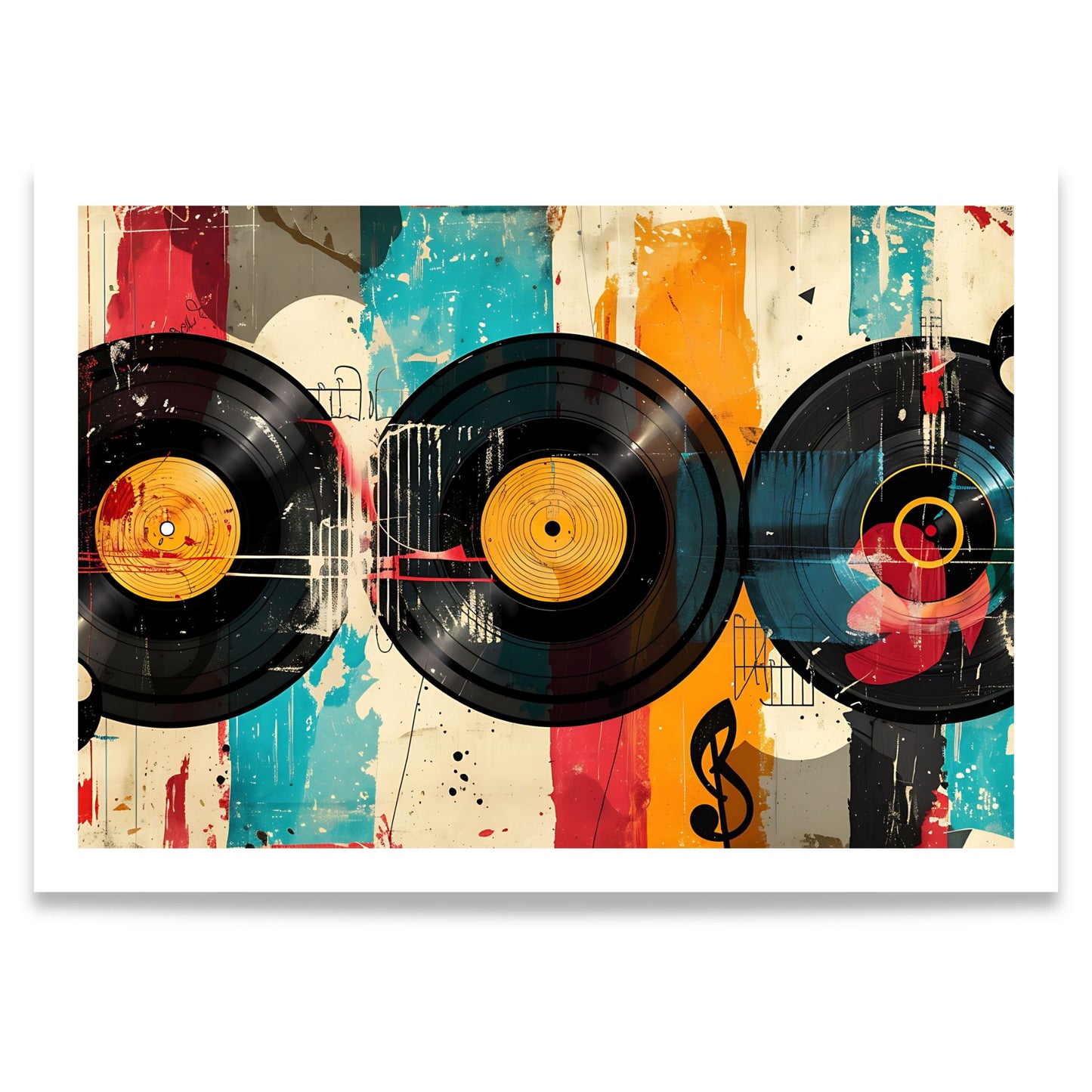 Captivating Collages – Vinyl Stories grafisk plakat med vinylplater i moderne collage og retroinspirerte farger.