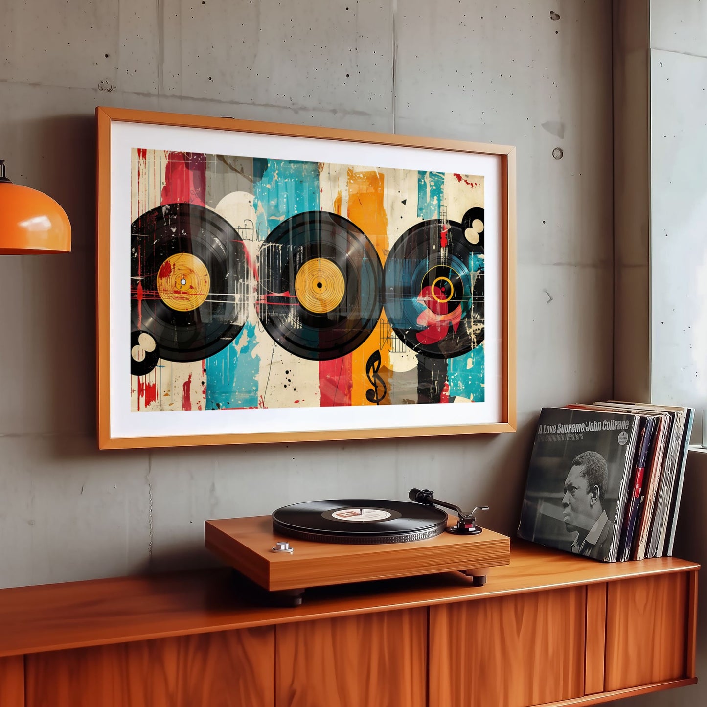 Captivating Collages – Vinyl Stories plakat over platespiller i moderne stue med varme tretoner.