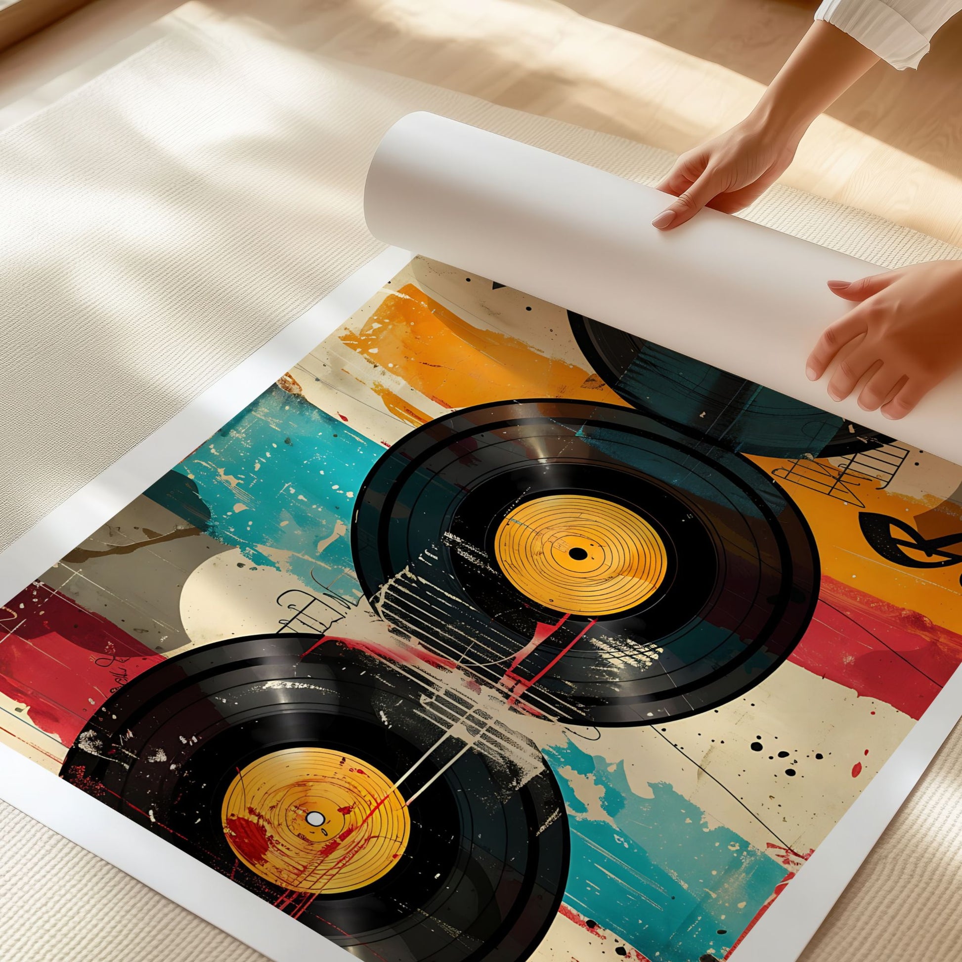 Nærbilde av Captivating Collages – Vinyl Stories som viser detaljer og Premium matt plakatpapir.