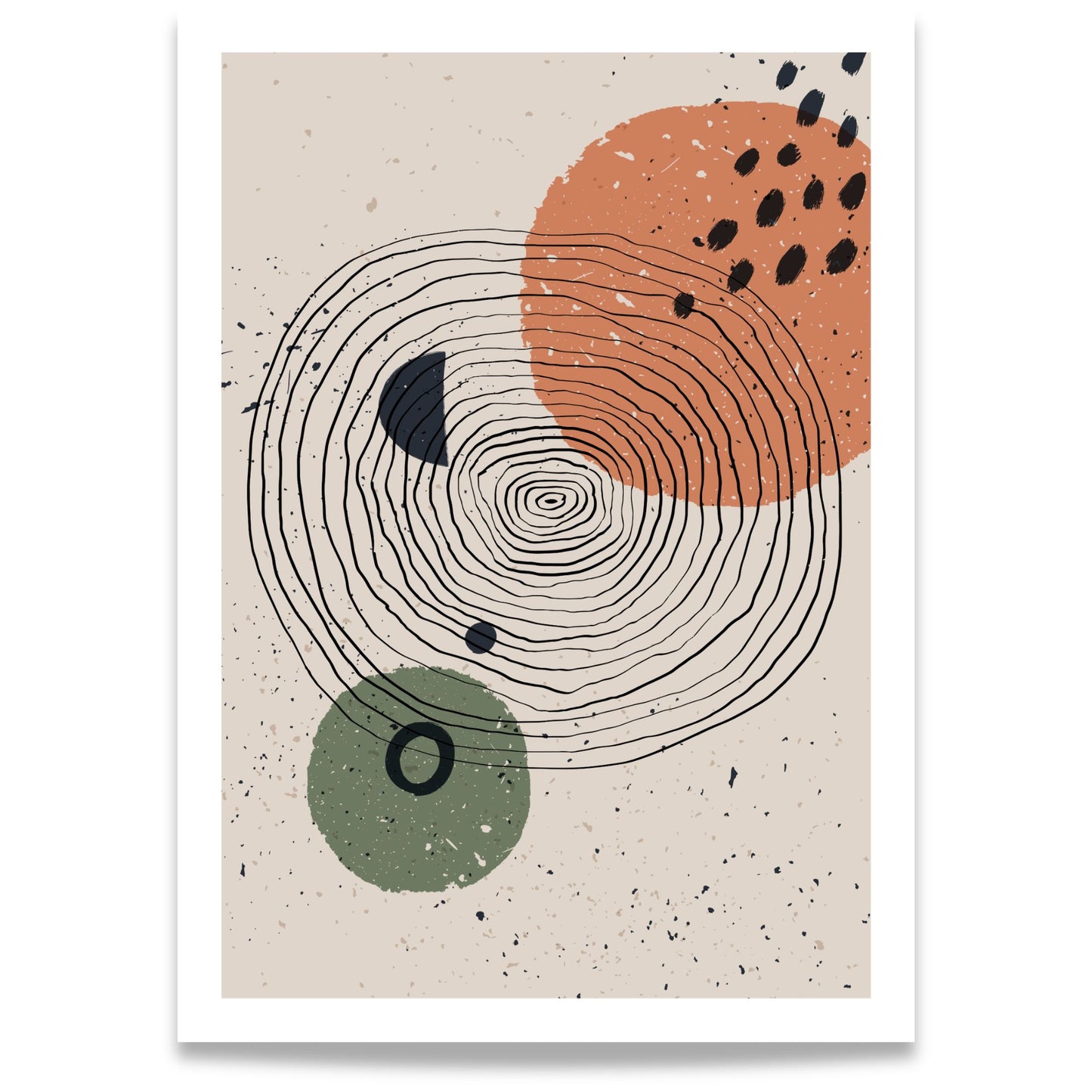 Circular Rhythm abstrakt grafisk plakat med håndtegnede sirkler og former i terrakotta, grønt og beige