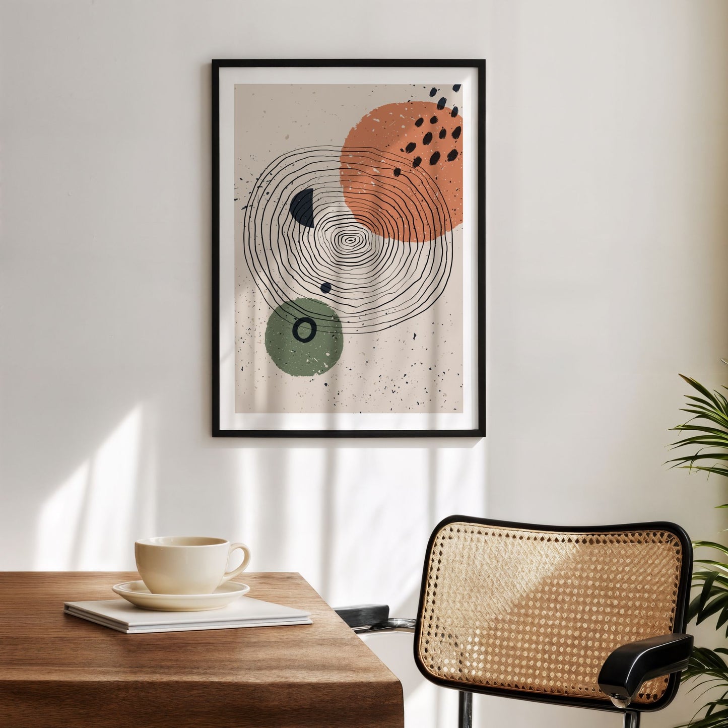 Circular Rhythm grafisk plakat i sort ramme over trebord og rottingstol i lyst interiør