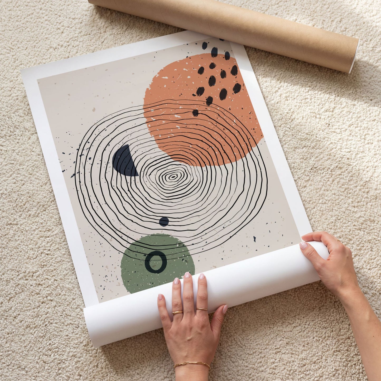 Circular Rhythm kunstplakat med hvit kant, håndtegnede sirkler og organiske fargeflater