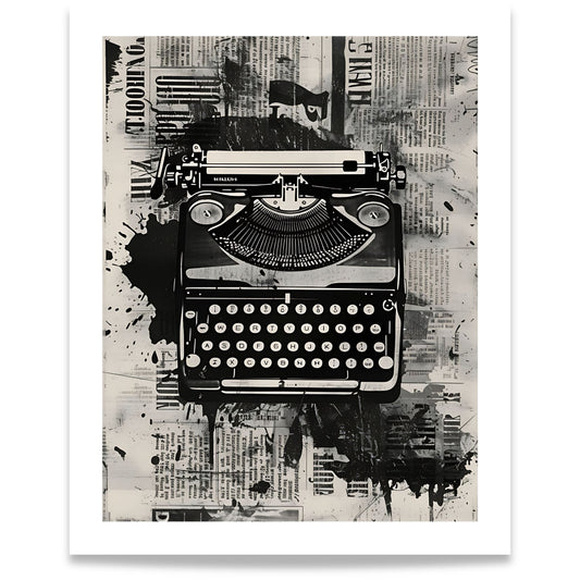 Classic Typewriter vintage plakat med klassisk skrivemaskin og grafisk aviscollage i sort-hvitt. Format 40x50