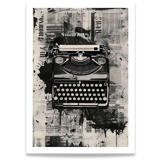 Classic Typewriter vintage plakat med klassisk skrivemaskin og grafisk aviscollage i sort-hvitt.