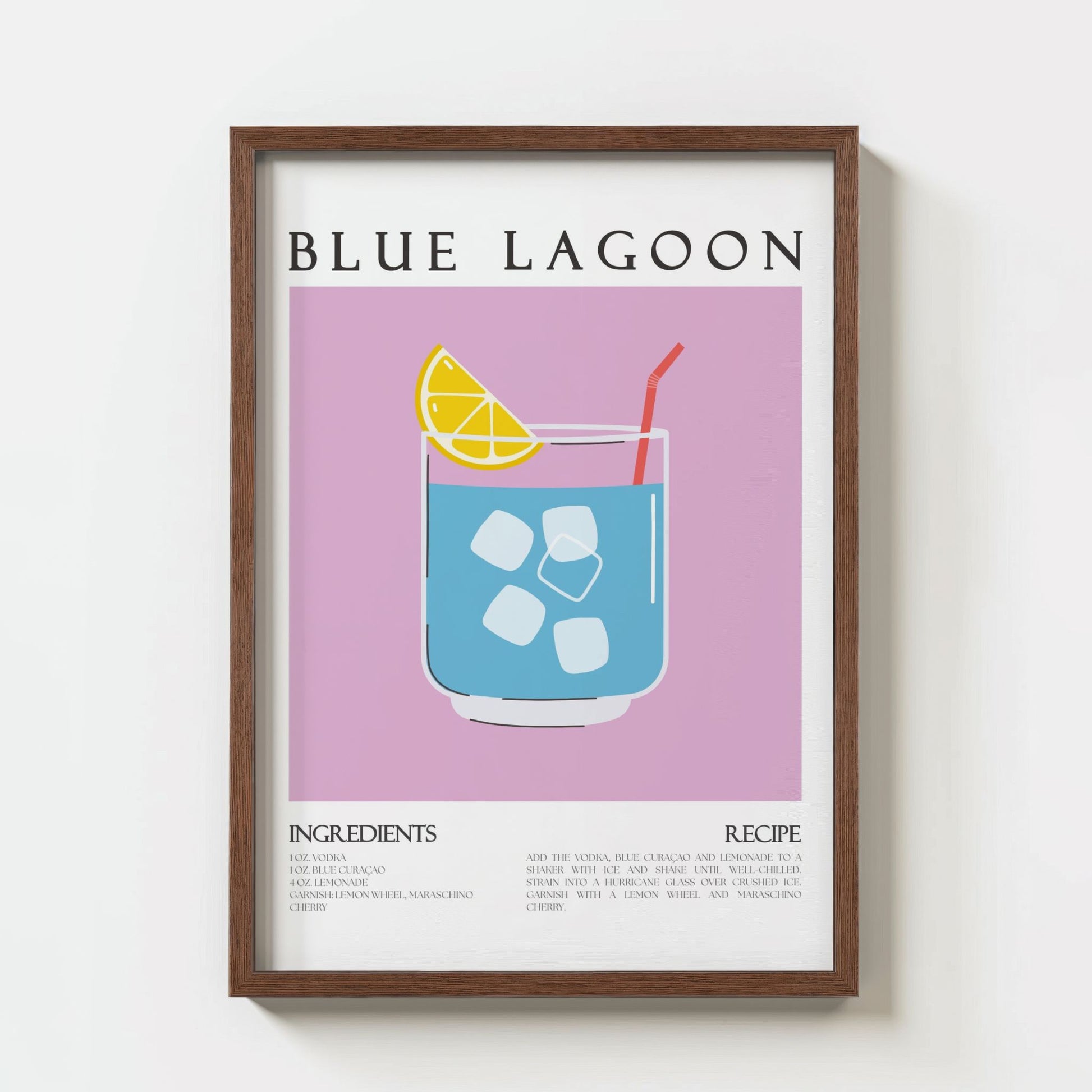 Blue Lagoon plakat med oppskrift vist i ramme på vegg
