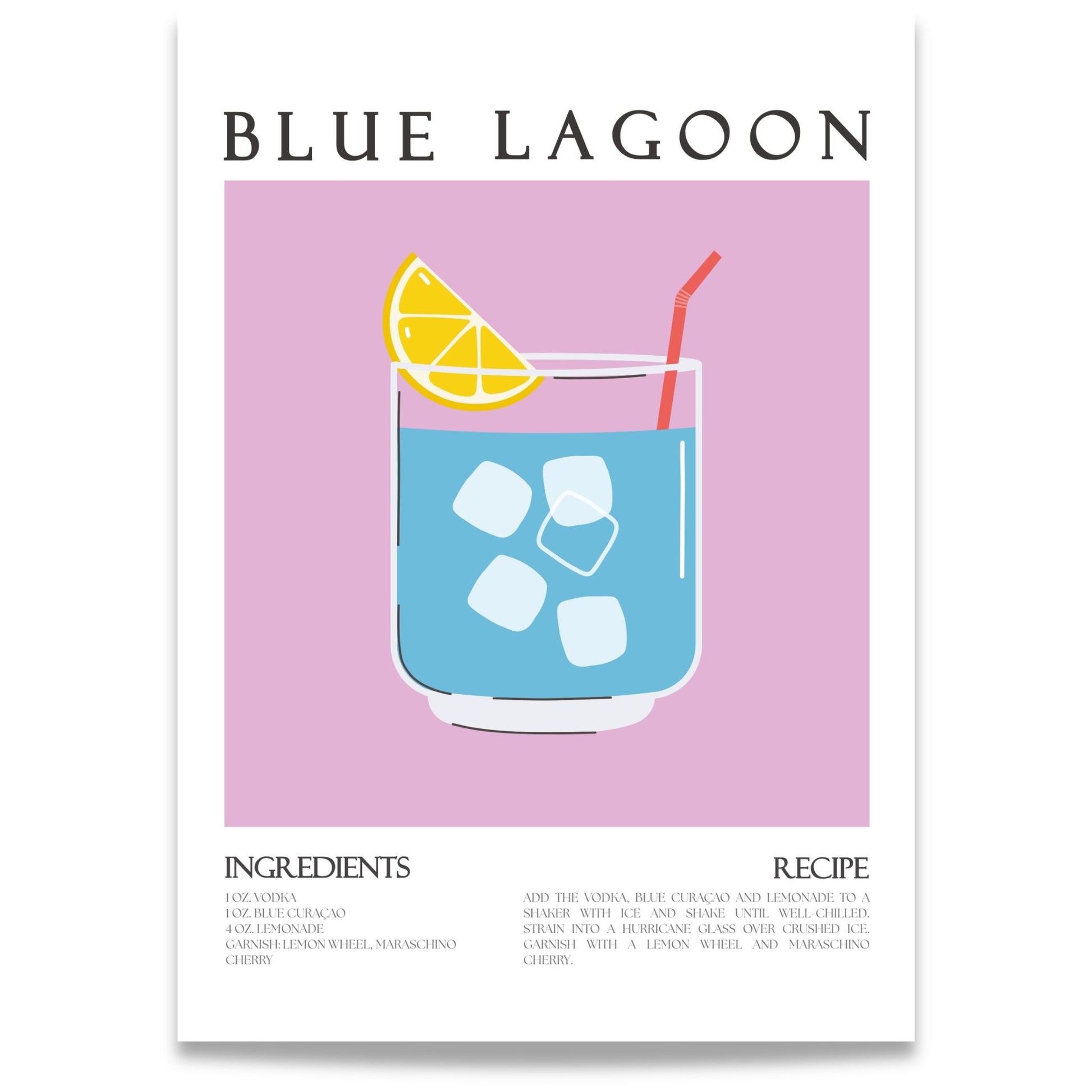 Blue Lagoon cocktail plakat med oppskrift i blå og rosa toner
