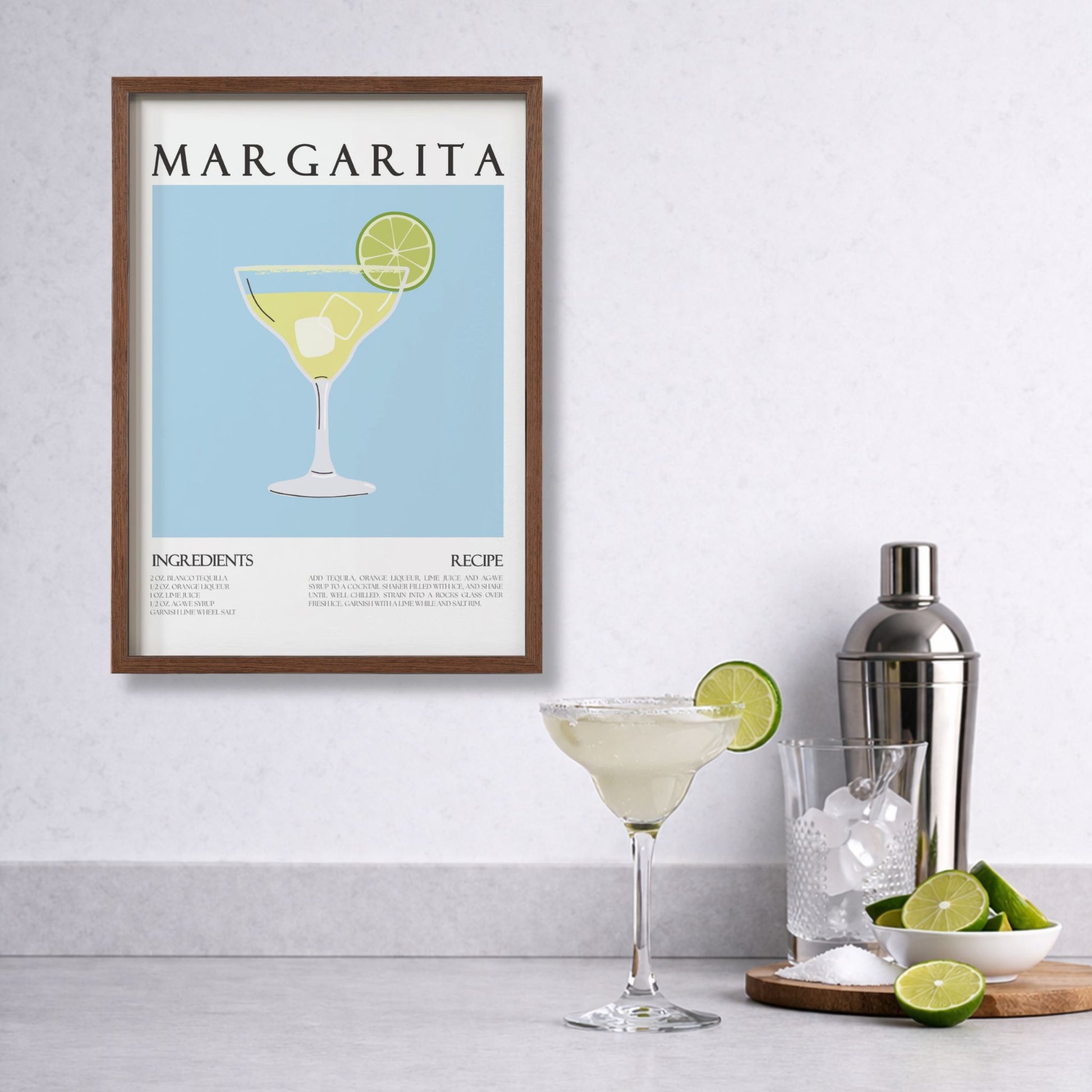 Margarita cocktail plakat med lime og barutstyr