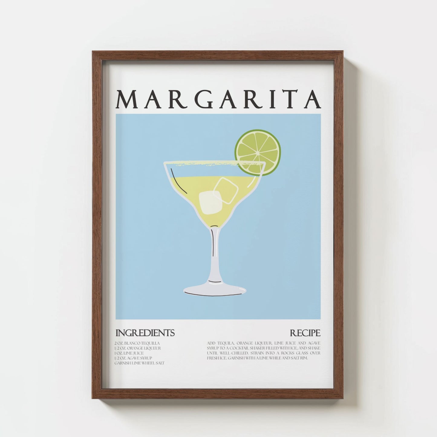Margarita plakat med oppskrift vist i ramme