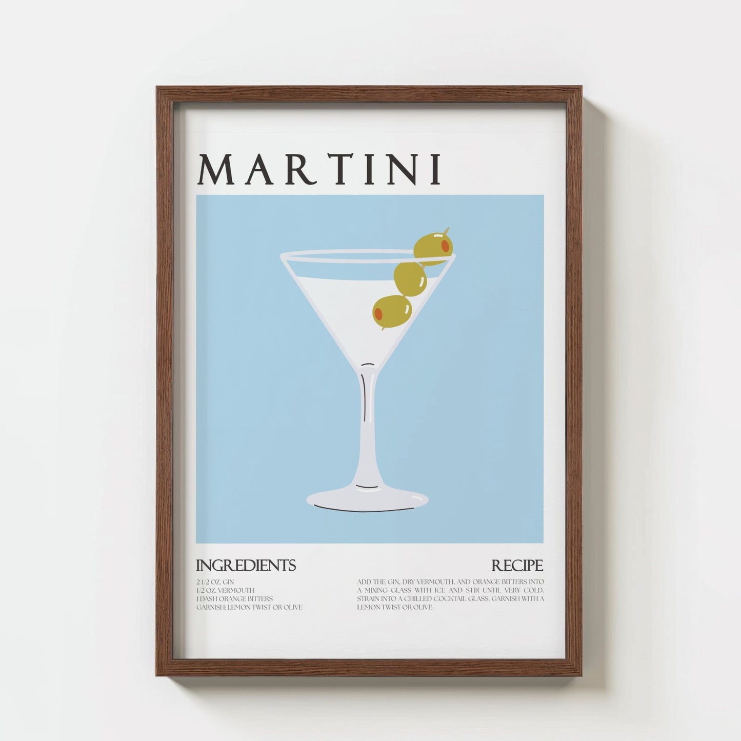 Martini plakat med oppskrift vist i ramme