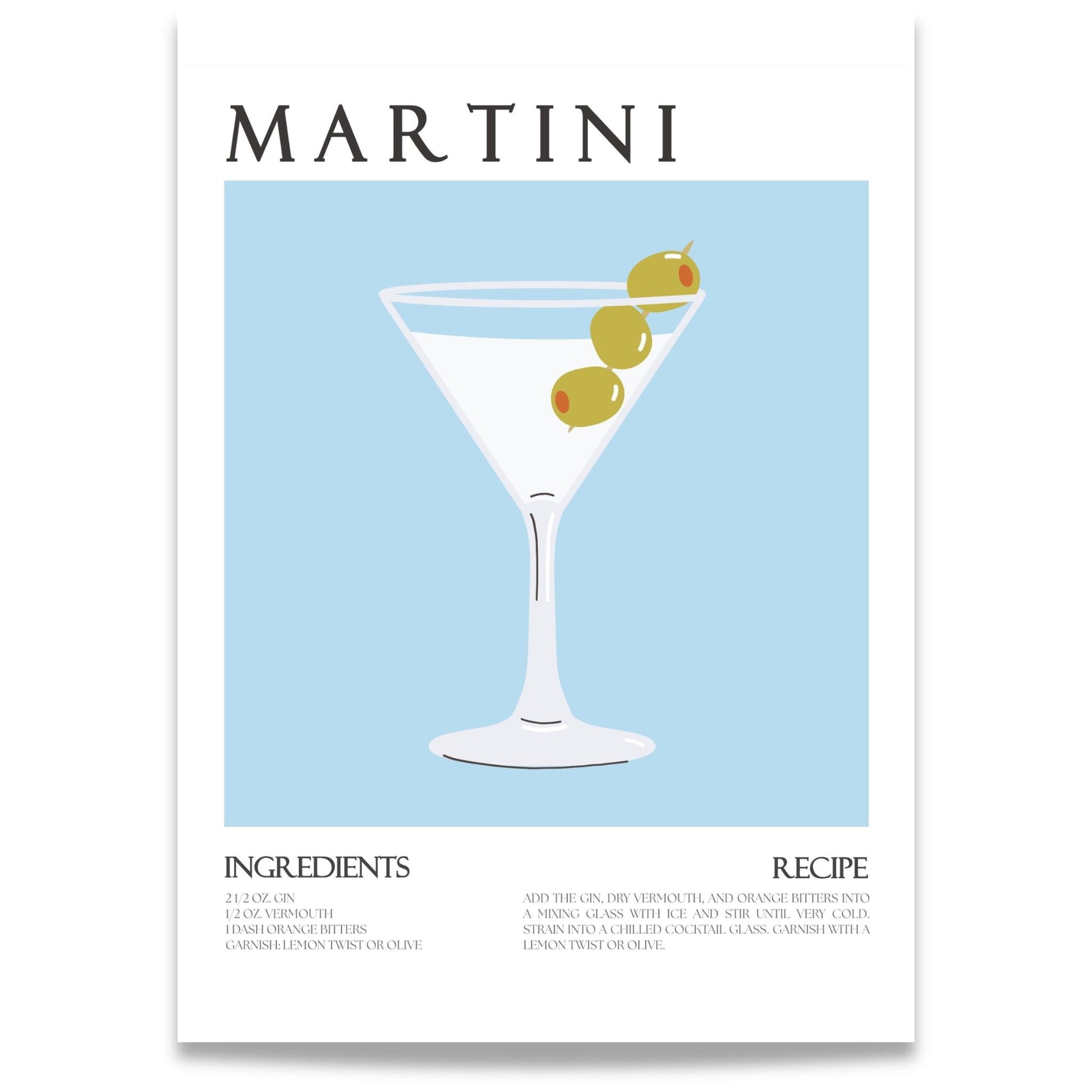Martini cocktail plakat med oppskrift i minimalistisk design