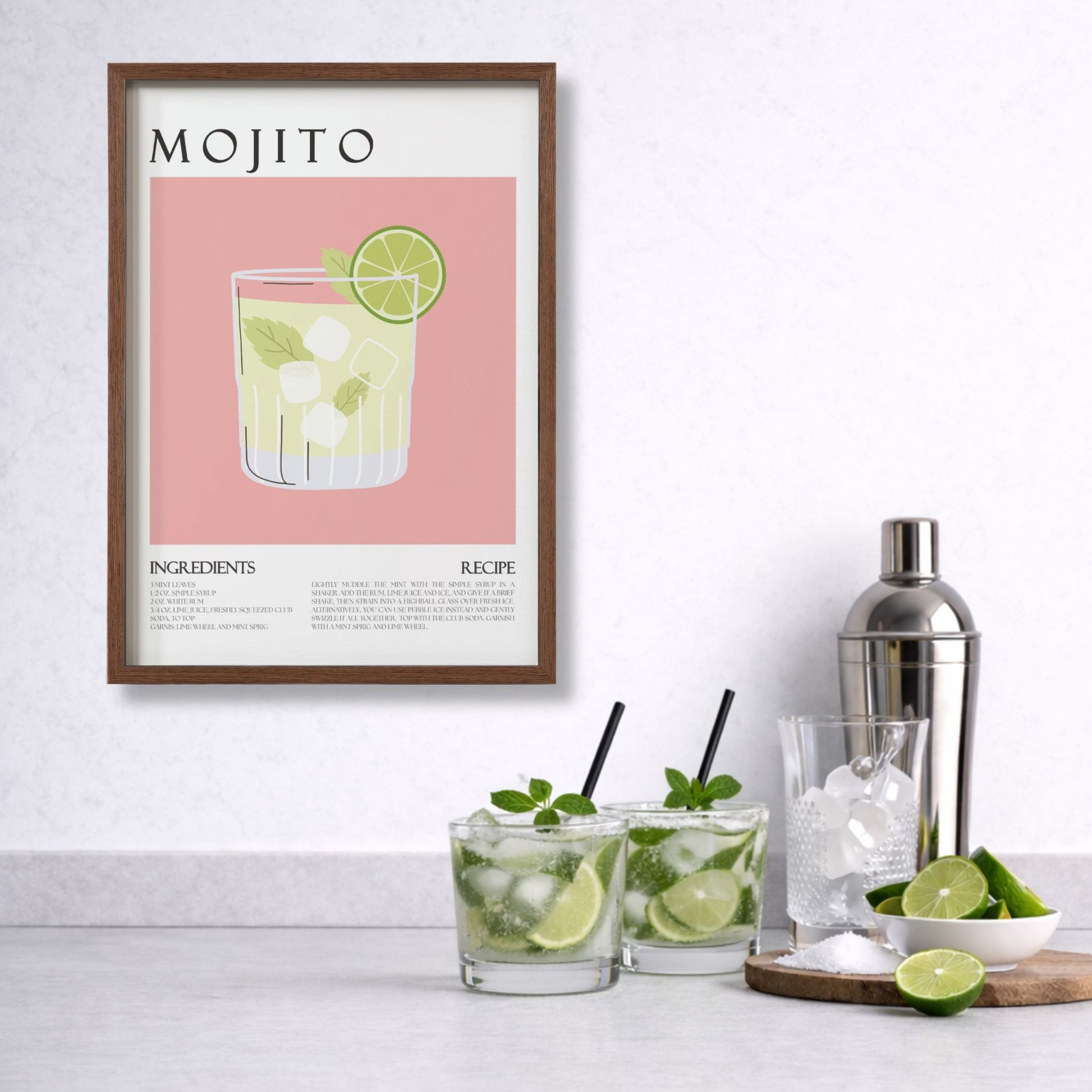 Mojito cocktail plakat med mynte og lime i miljø
