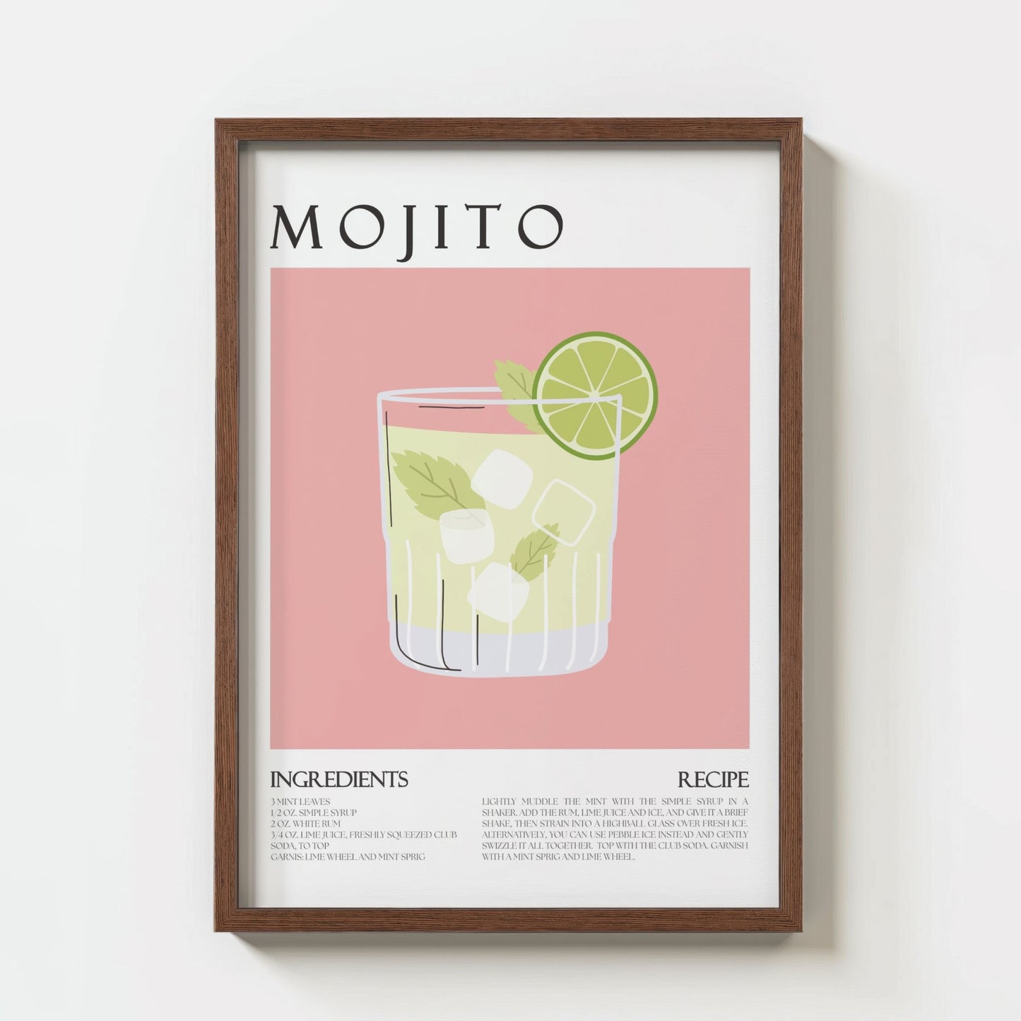 Mojito plakat med oppskrift i ramme på vegg