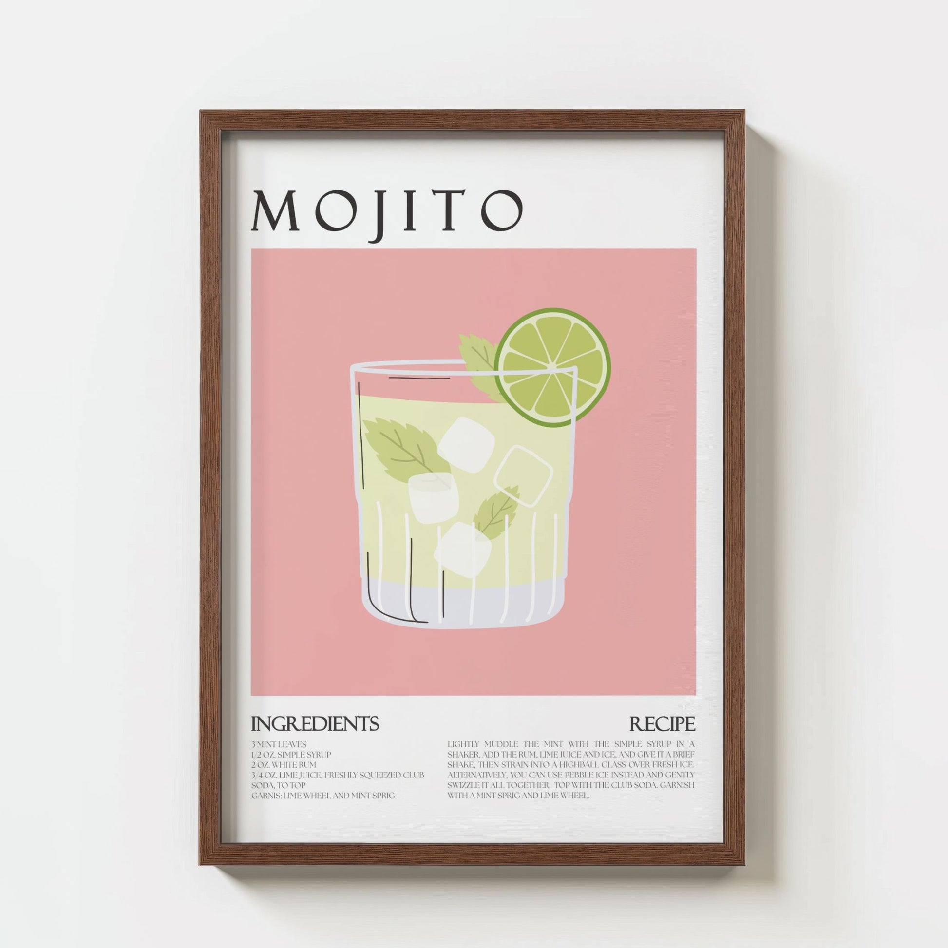 Mojito plakat med oppskrift i ramme på vegg