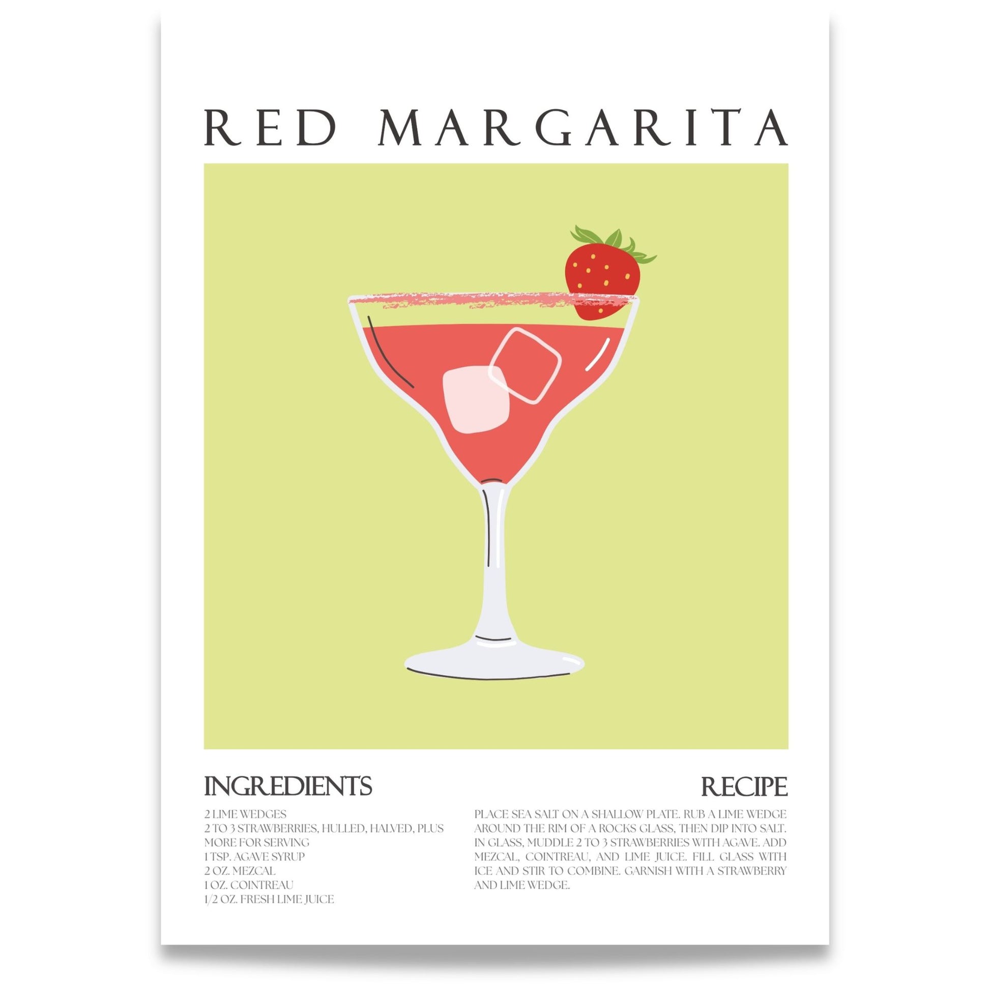 Red Margarita cocktail plakat med oppskrift i røde toner