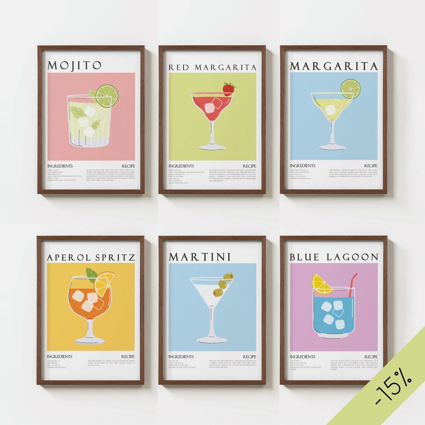Cocktail plakater med oppskrifter – Mojito, Margarita, Aperol Spritz, Martini og Blue Lagoon i moderne design. 15% rabatt ved kjøp av hele serie.