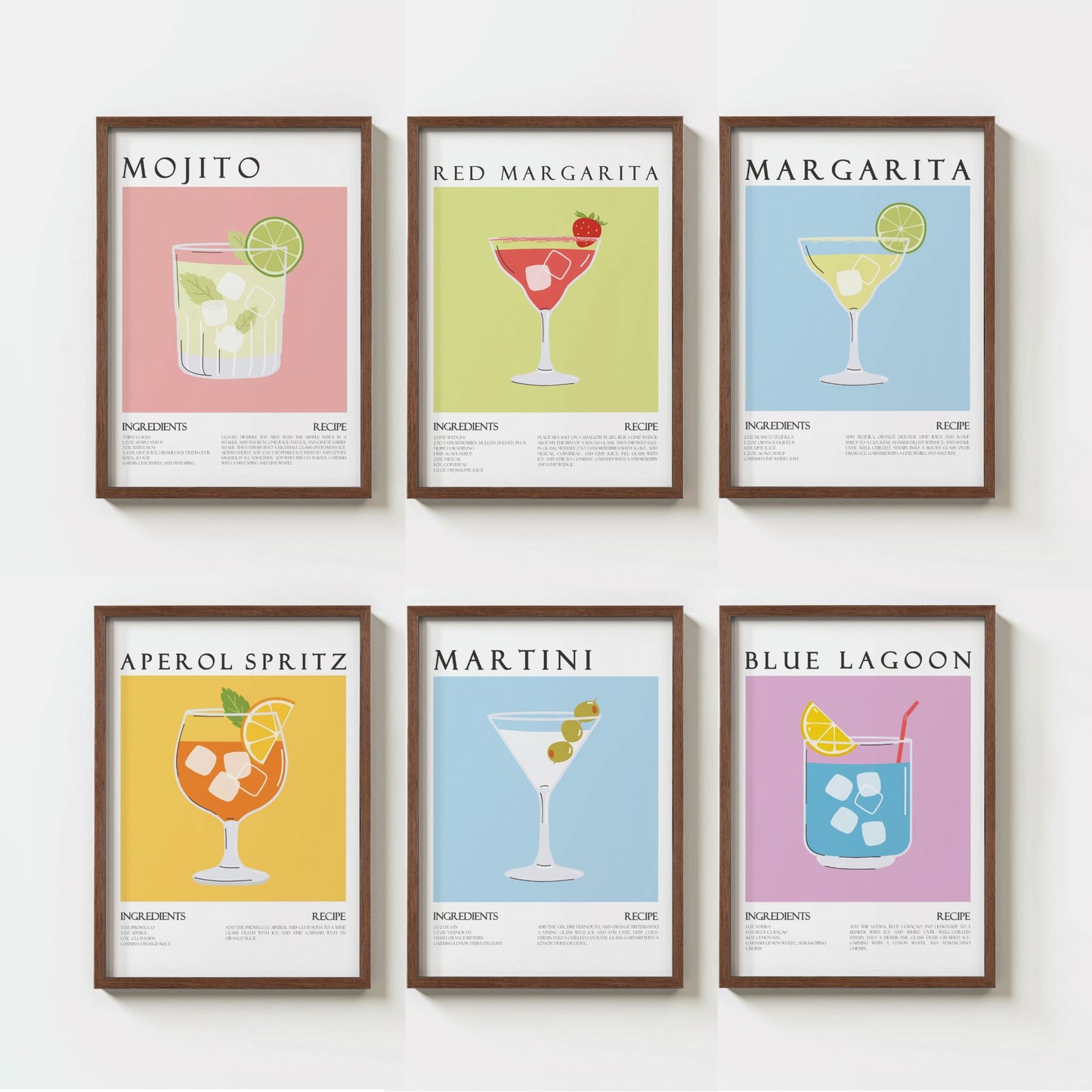Cocktail plakater med oppskrifter – Mojito, Margarita, Aperol Spritz, Martini og Blue Lagoon i moderne design