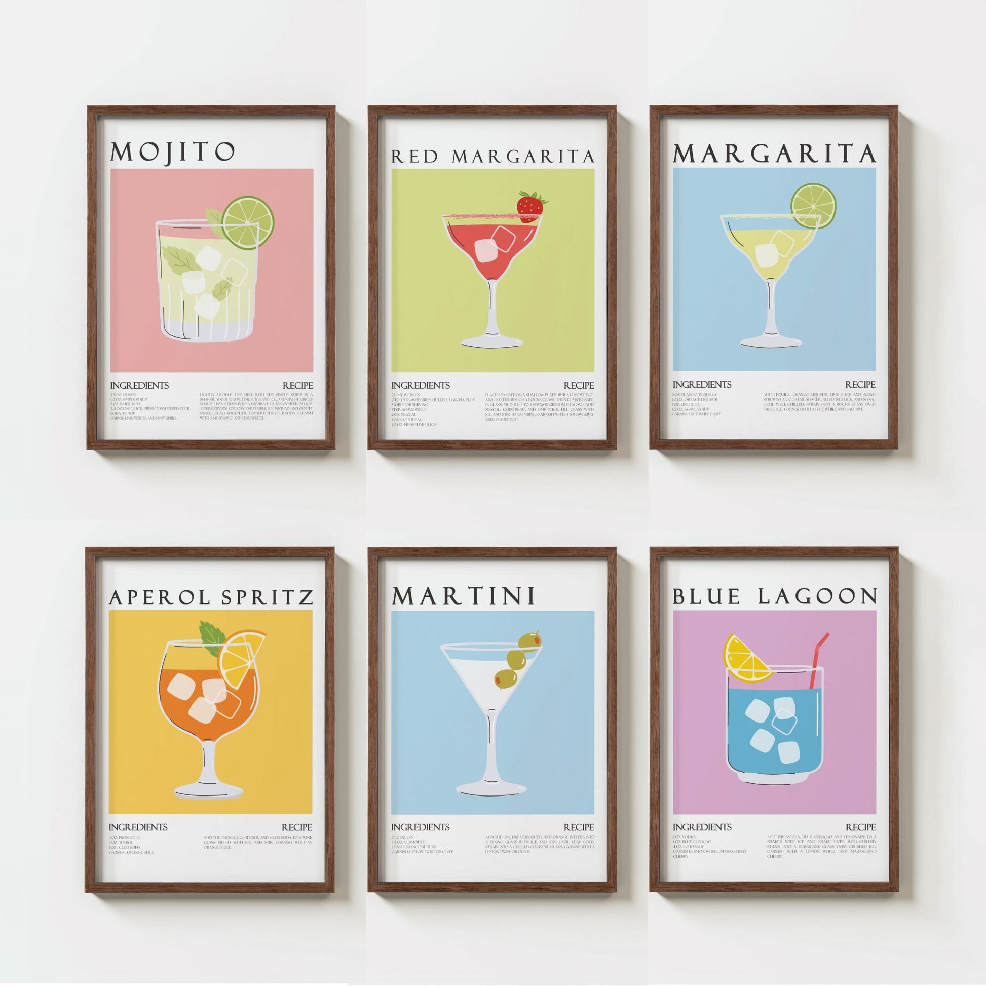 Cocktail plakater med oppskrifter – Mojito, Margarita, Aperol Spritz, Martini og Blue Lagoon i moderne design