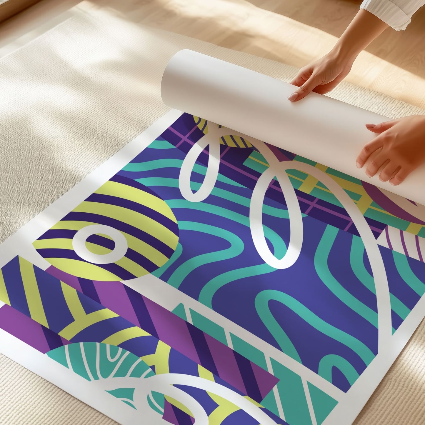 Detaljbilde av Color Rhythm plakat med grafiske mønstre og sterke kontraster
