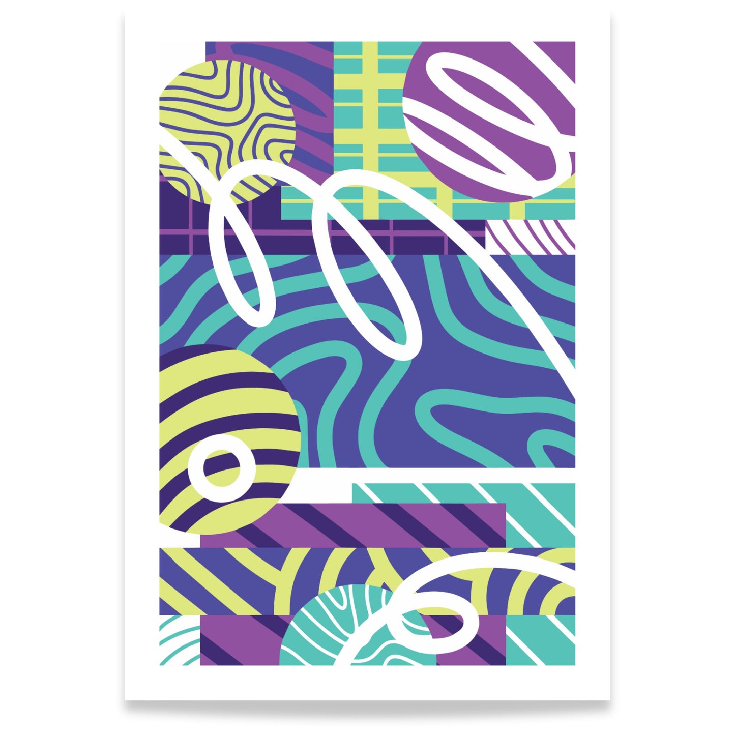 Color Rhythm abstrakt plakat med grafiske former i lilla, turkis og limegrønt 21x30