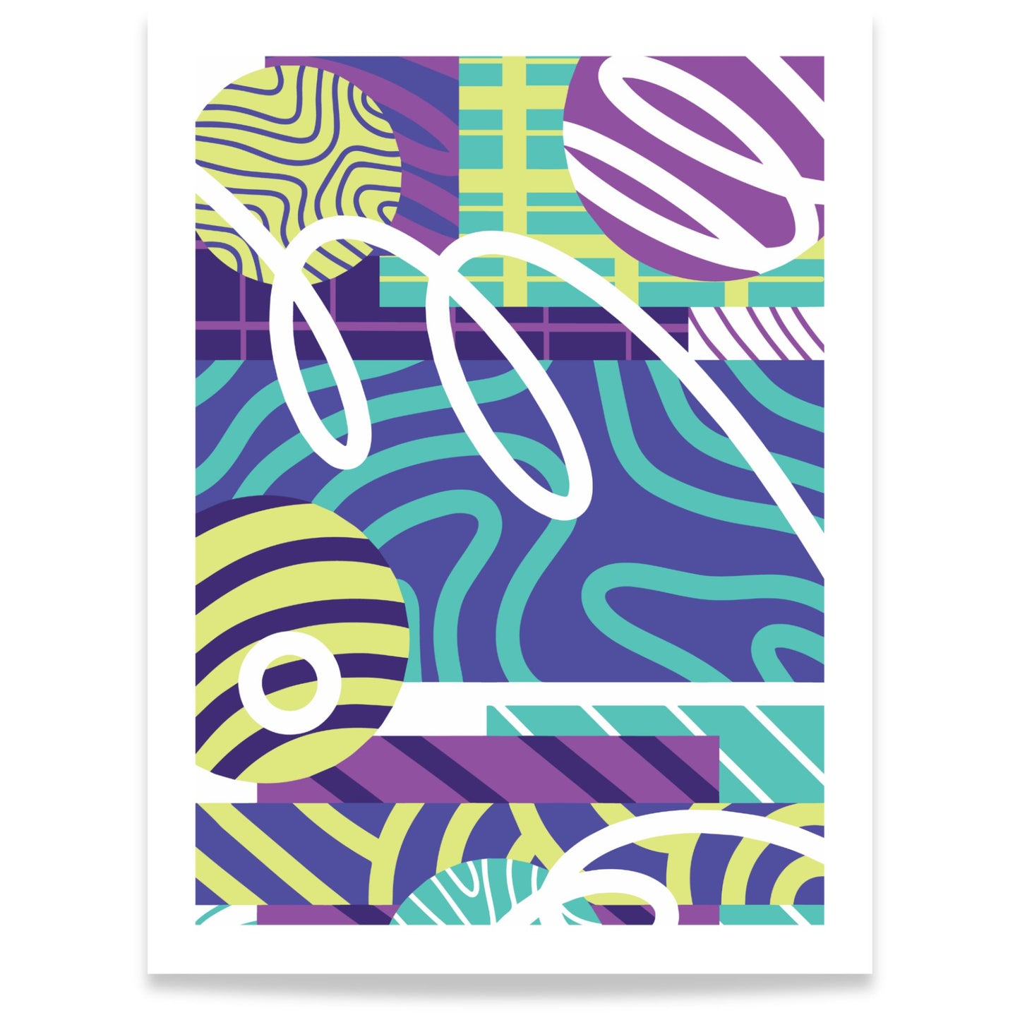 Color Rhythm abstrakt plakat med grafiske former i lilla, turkis og limegrønt 30x40